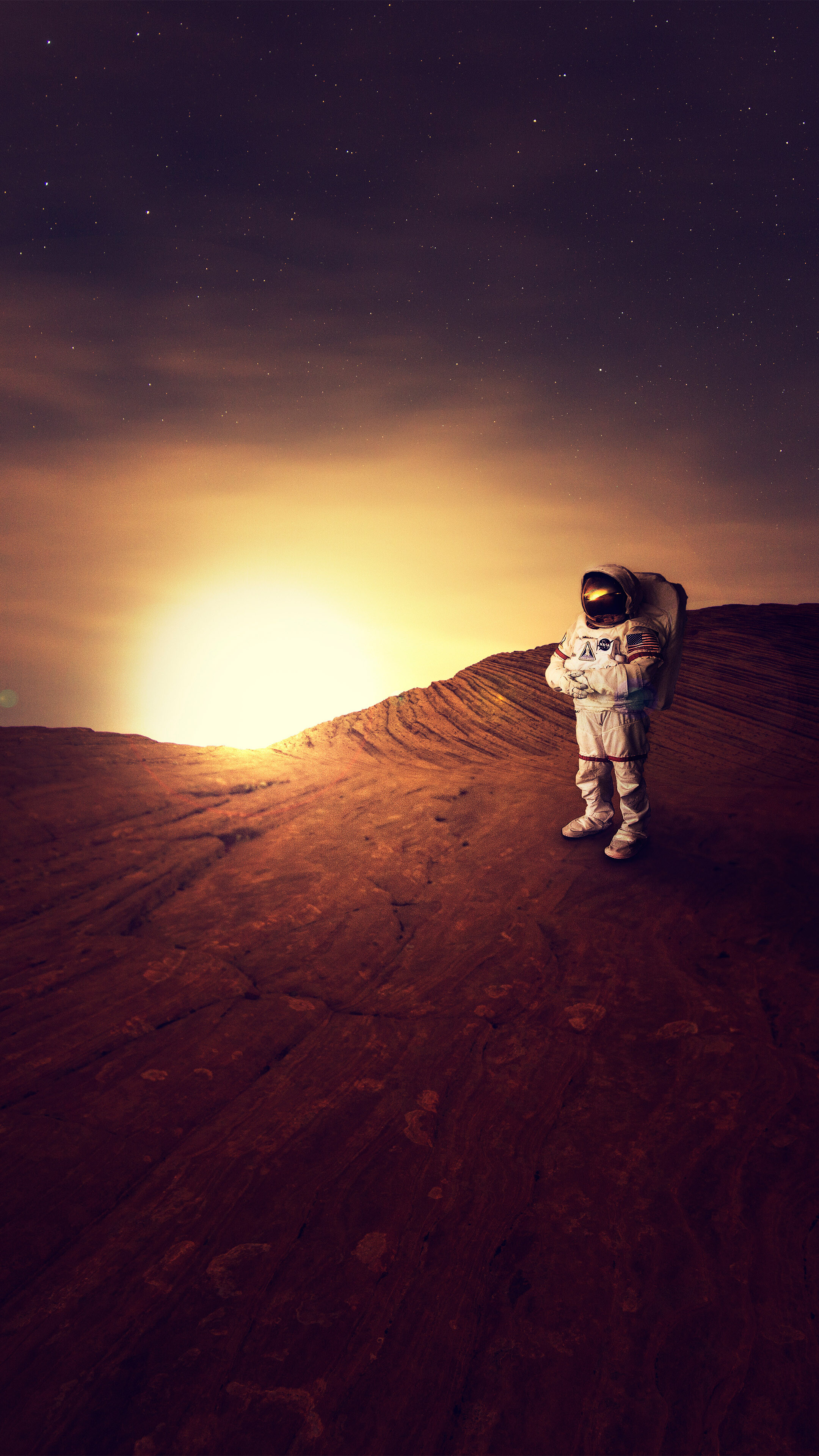 Astronaut: Space traveler on planet Mars, Sunset, Astronomical object. 2160x3840 4K Background.