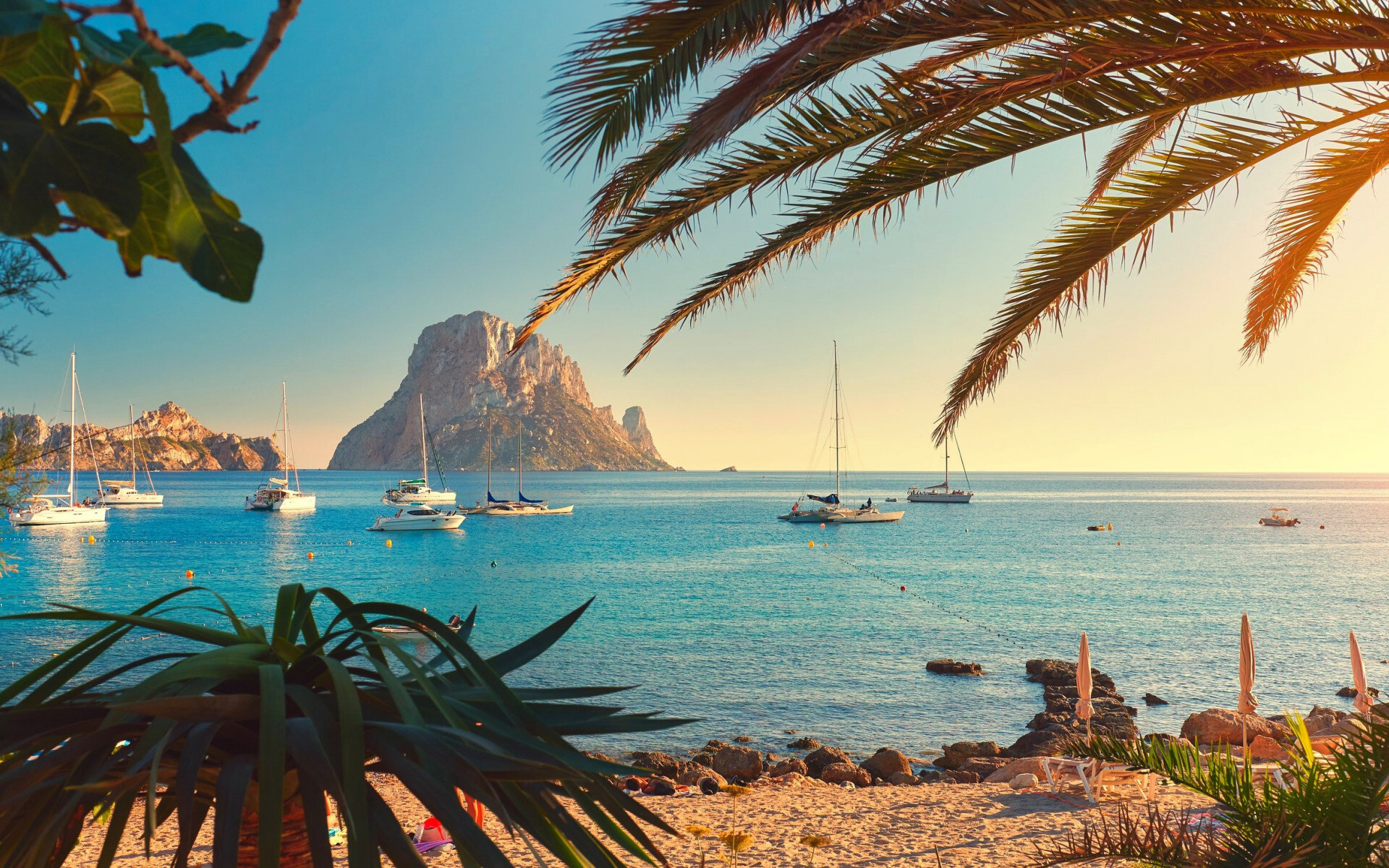 Ibiza: Sunset, Mediterranean sea, Coast, Seascape, Palms, Yachts, Spain. 1920x1200 HD Wallpaper.