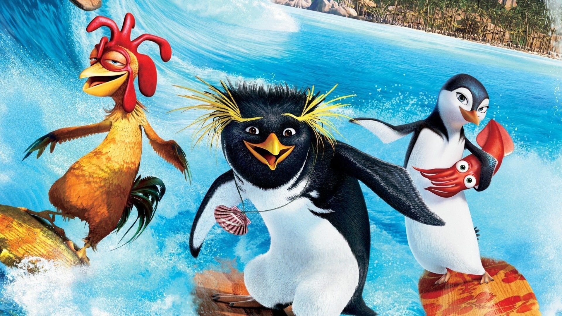 Surf's Up Animation, Movie Backdrops, Movie Database, Surfer Penguins, 1920x1080 Full HD Desktop