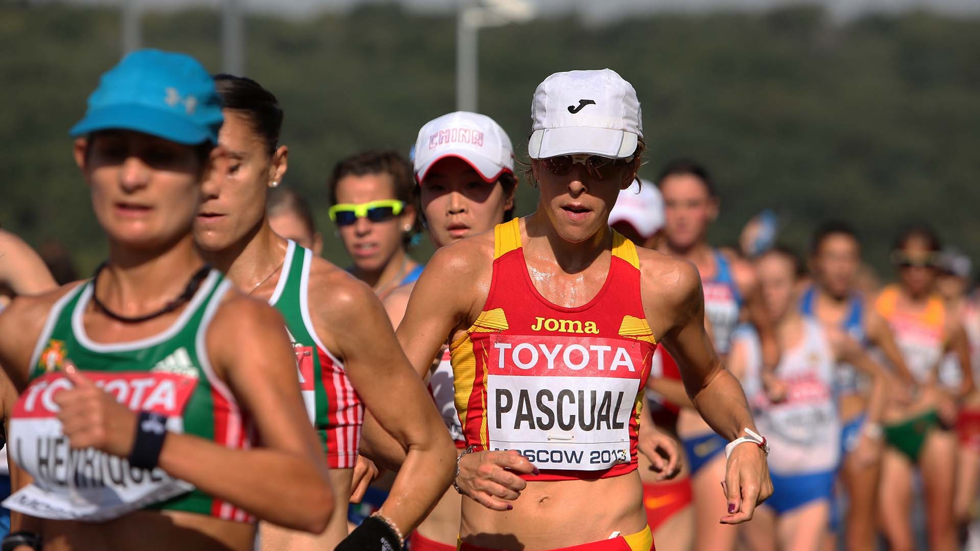 Racewalking: Beatriz Pascual, Spain's national champion in the 20 km walk, Moscow 2013 World Championship. 1920x1080 Full HD Background.