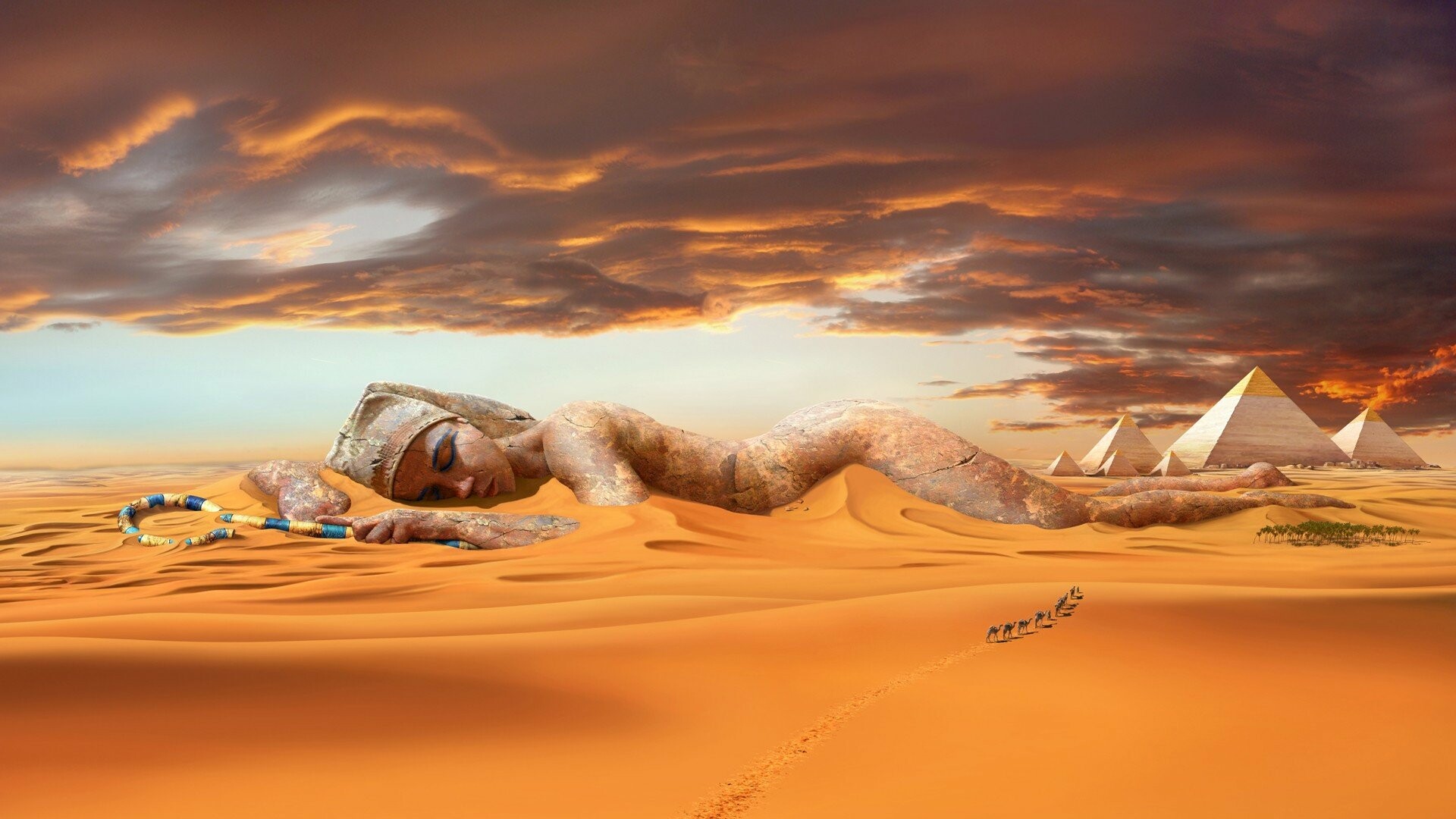 Desert: Arid land with usually sparse vegetation, Sand dunes. 1920x1080 Full HD Background.