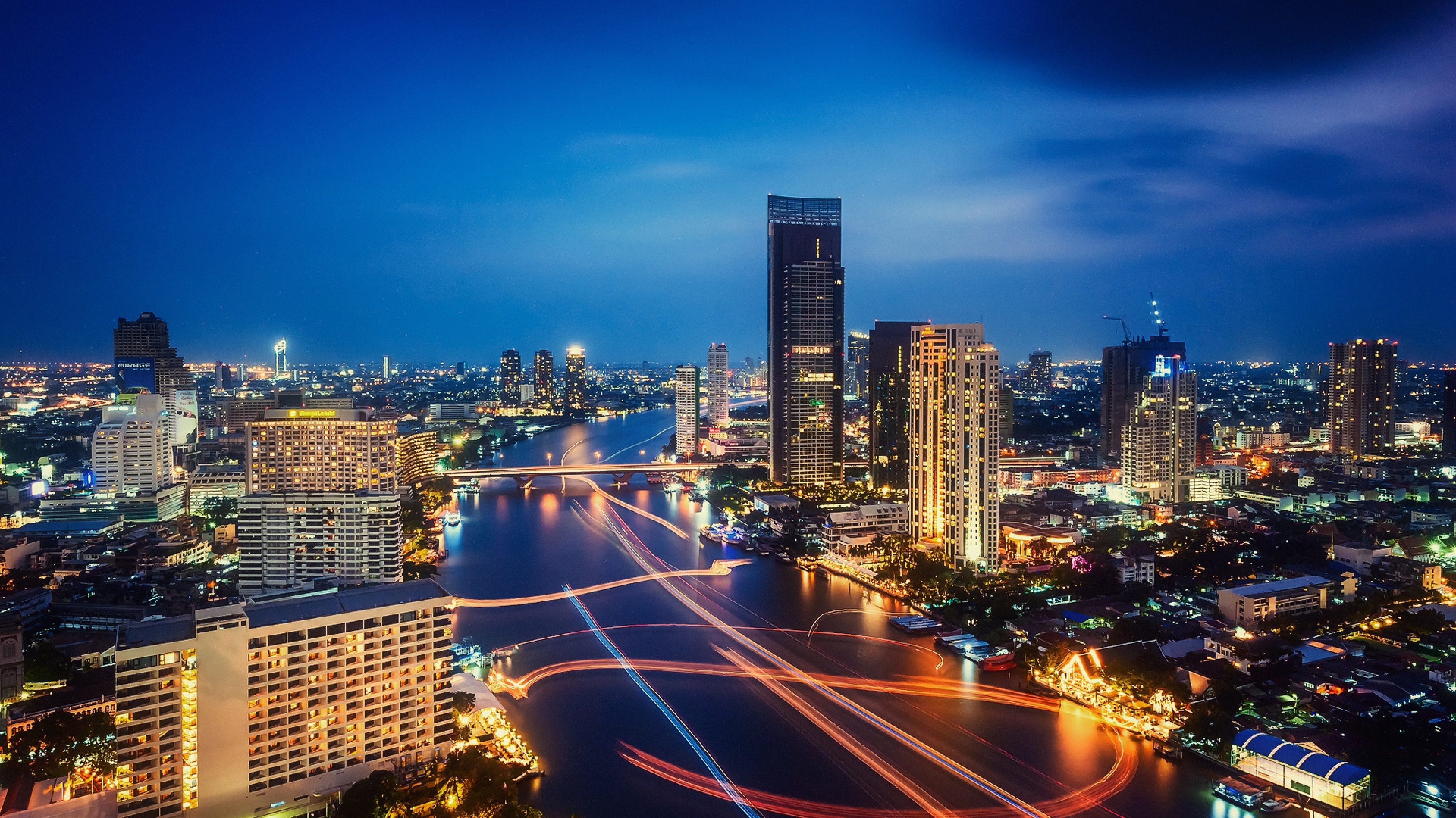 Bangkok: Night city lights, Thailand's capital. 3840x2160 4K Background.