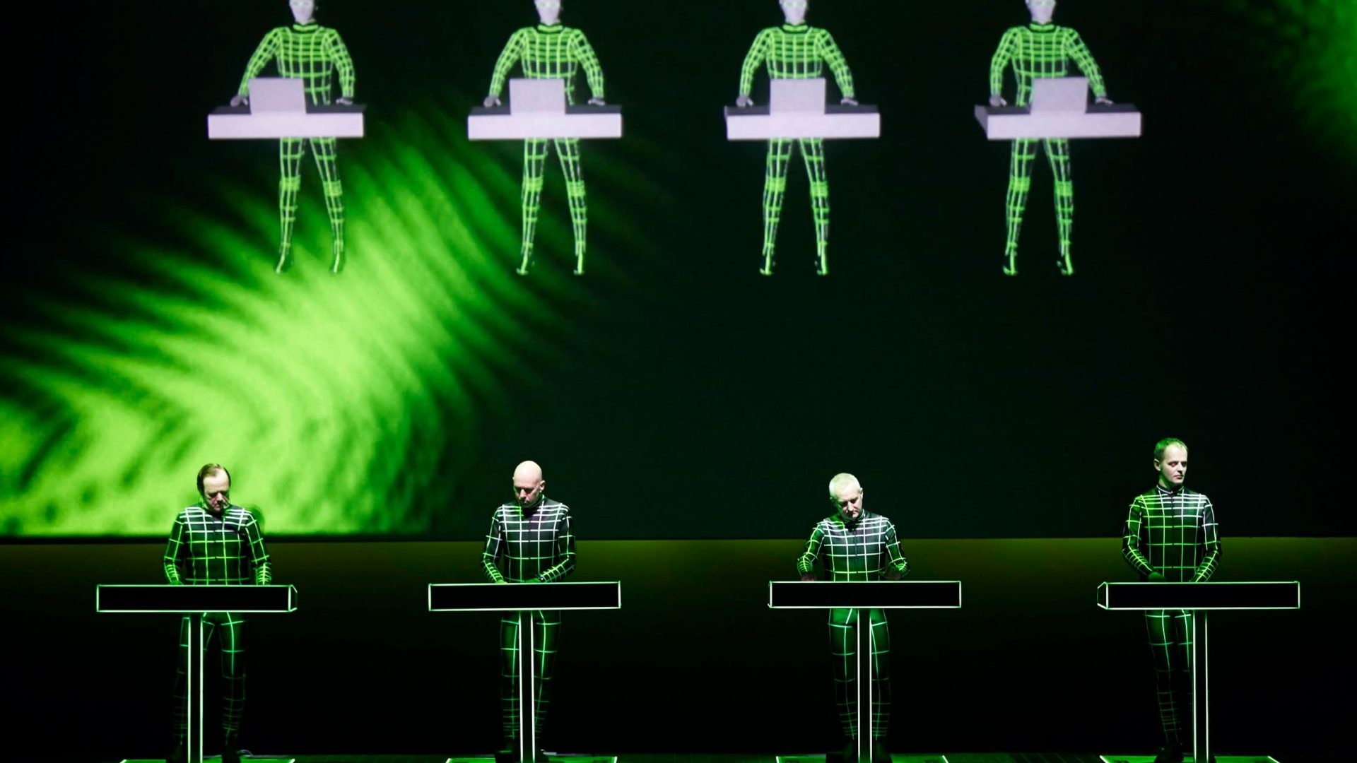 Kraftwerk 50th anniversary, Summer tour announcement, Visual spectacle, Futuristic concert experience, 1920x1080 Full HD Desktop