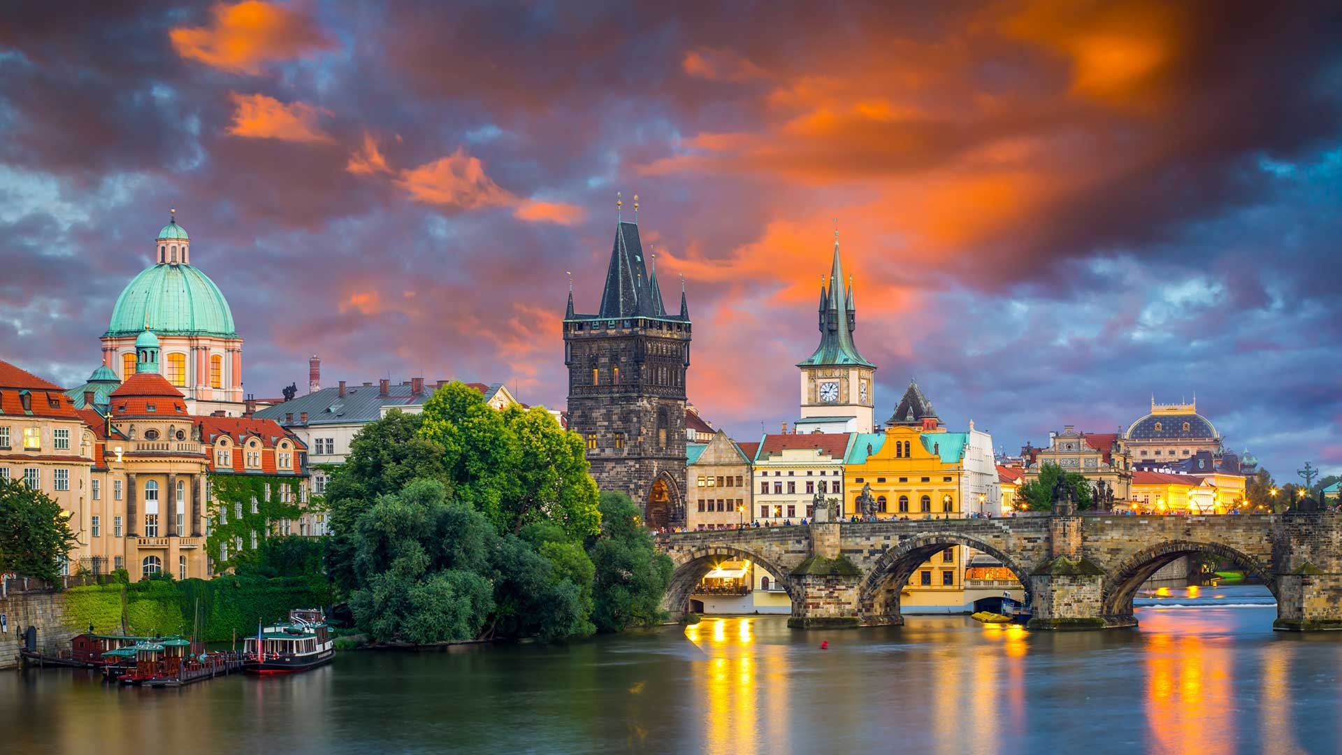 Czechia (Czech Republic): The Vltava River, Runs from south to north for 430 kilometers across the country. 1920x1080 Full HD Background.