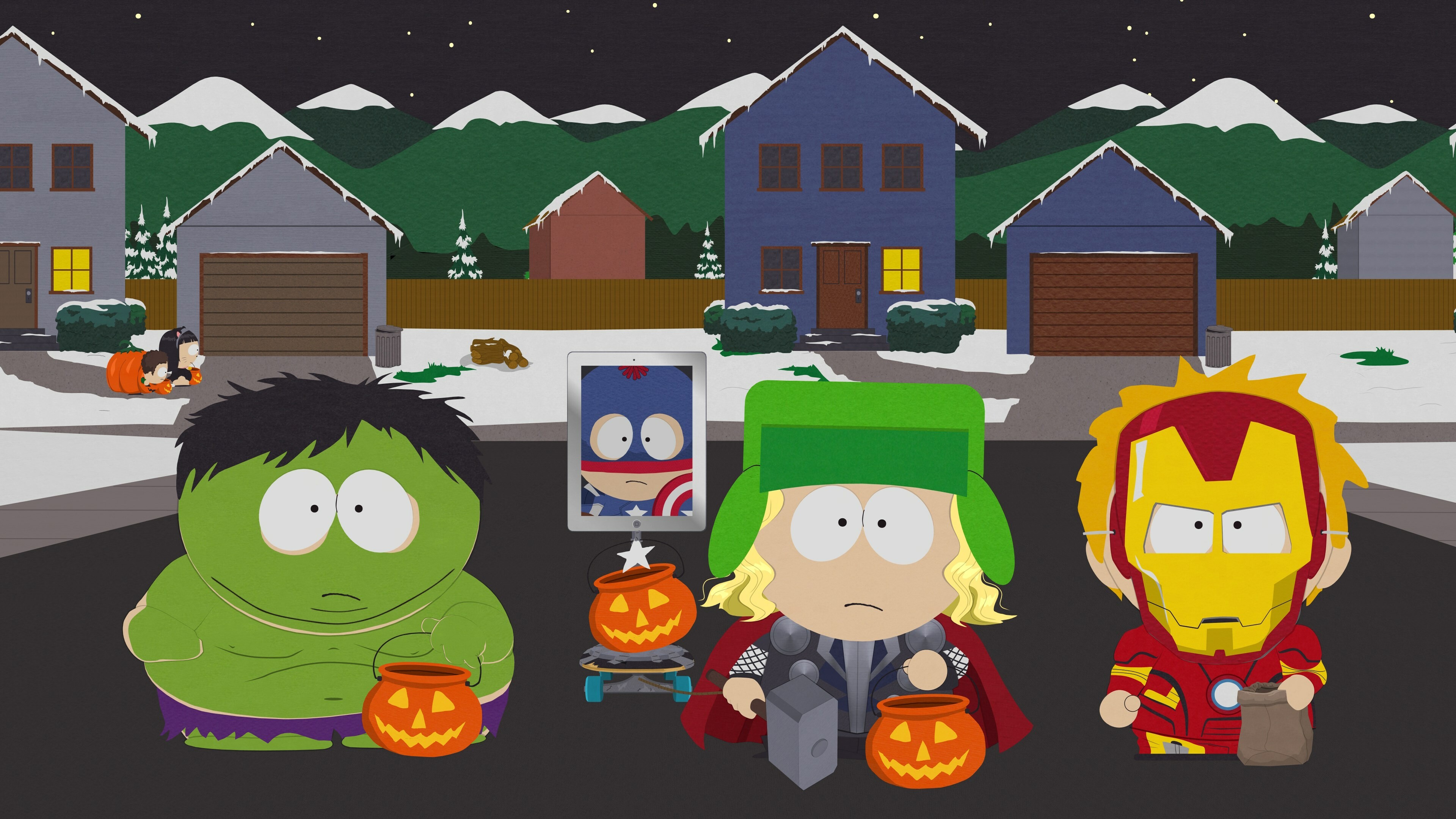 South Park: Stan Marsh, Kyle Broflovski, Eric Cartman, and Kenny McCormick. 3840x2160 4K Background.