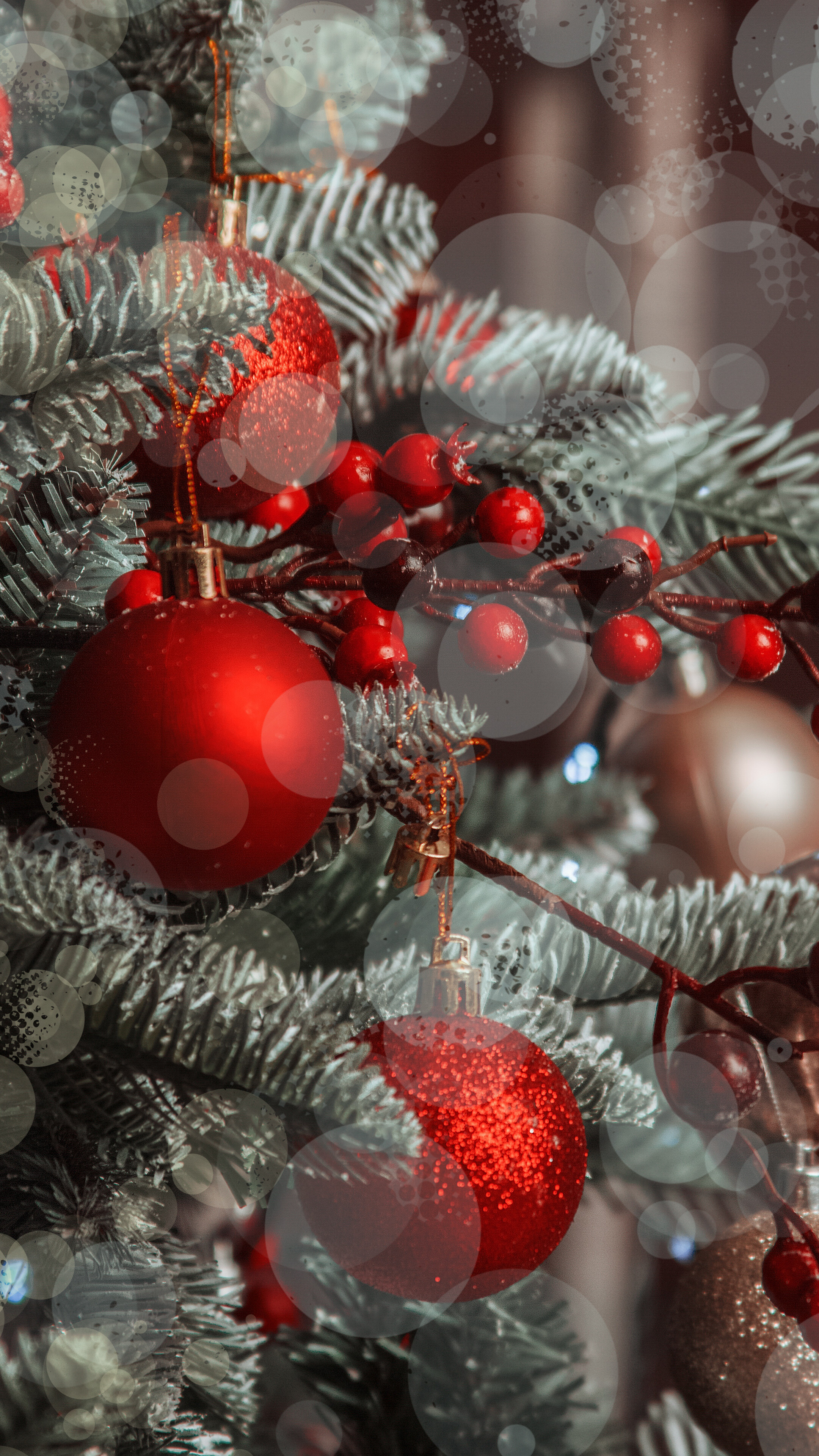 Christmas Ornament: Decorated with colored baubles, Festive season. 2160x3840 4K Background.