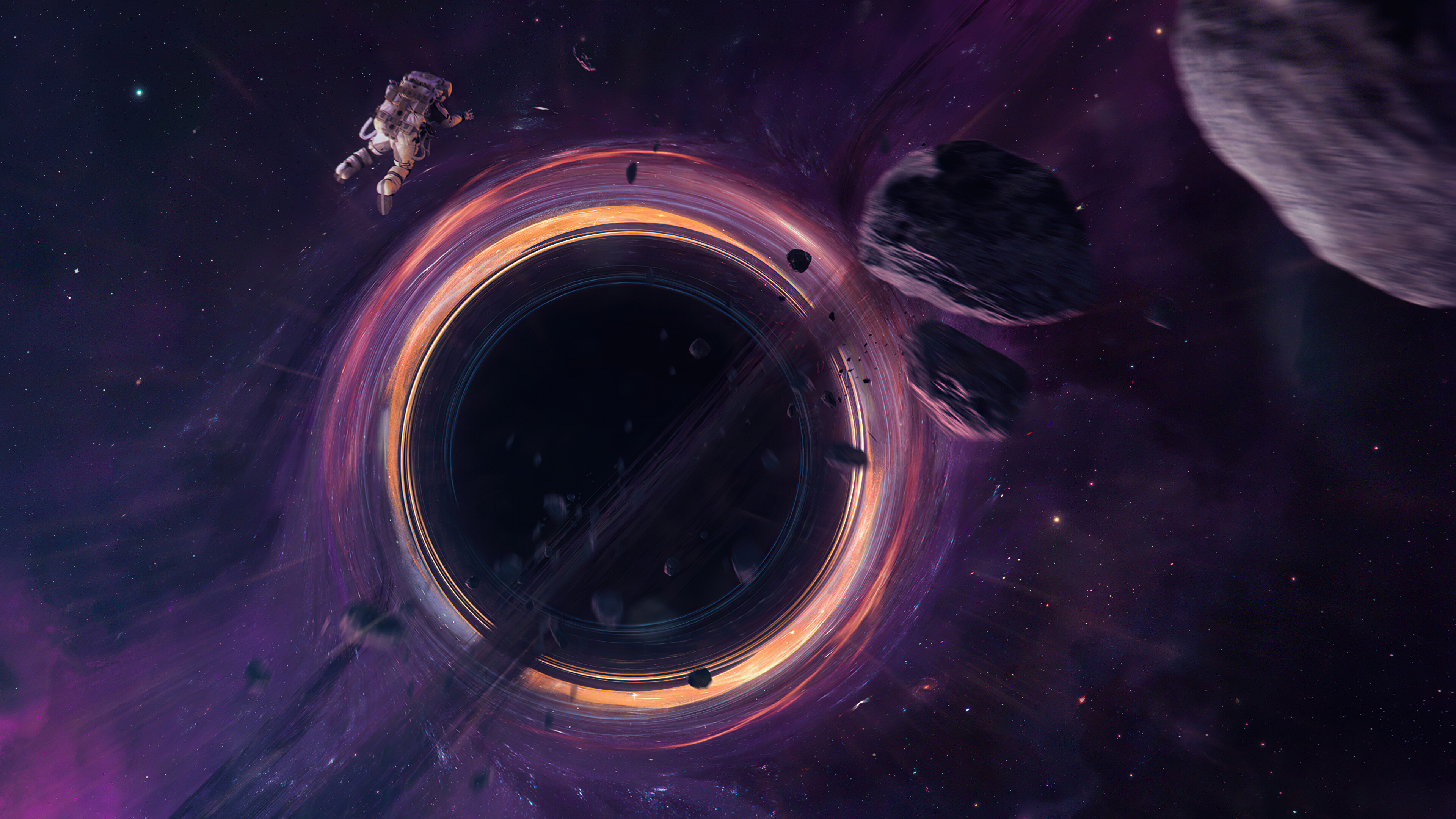 Black Hole: Points in space that are so dense they create deep gravity sinks. 3840x2160 4K Wallpaper.