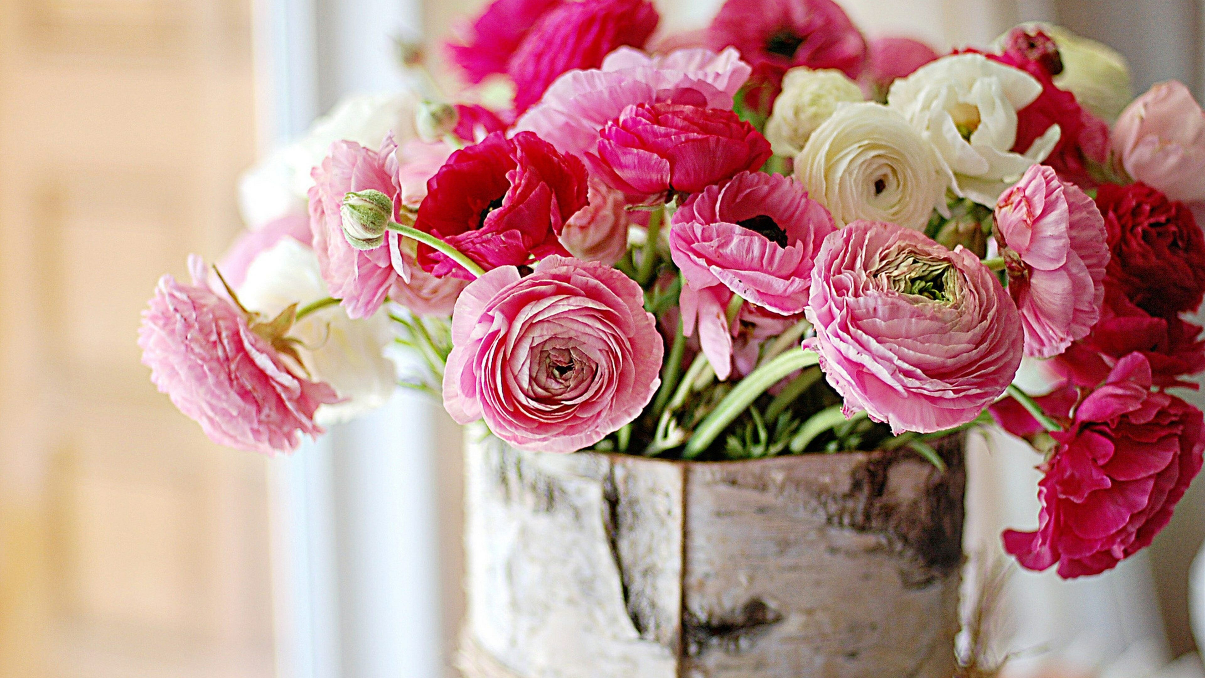 Flower Bouquet: Peonies, Cut flowers, Flowerpot. 3840x2160 4K Wallpaper.