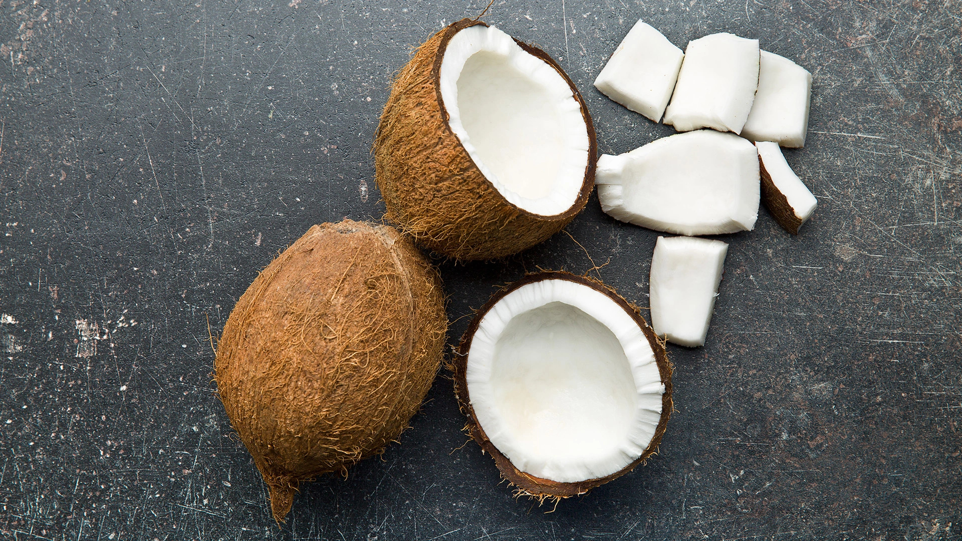 Coconut: Low in carbs, The best substitute for carb-rich snacks. 1920x1080 Full HD Background.