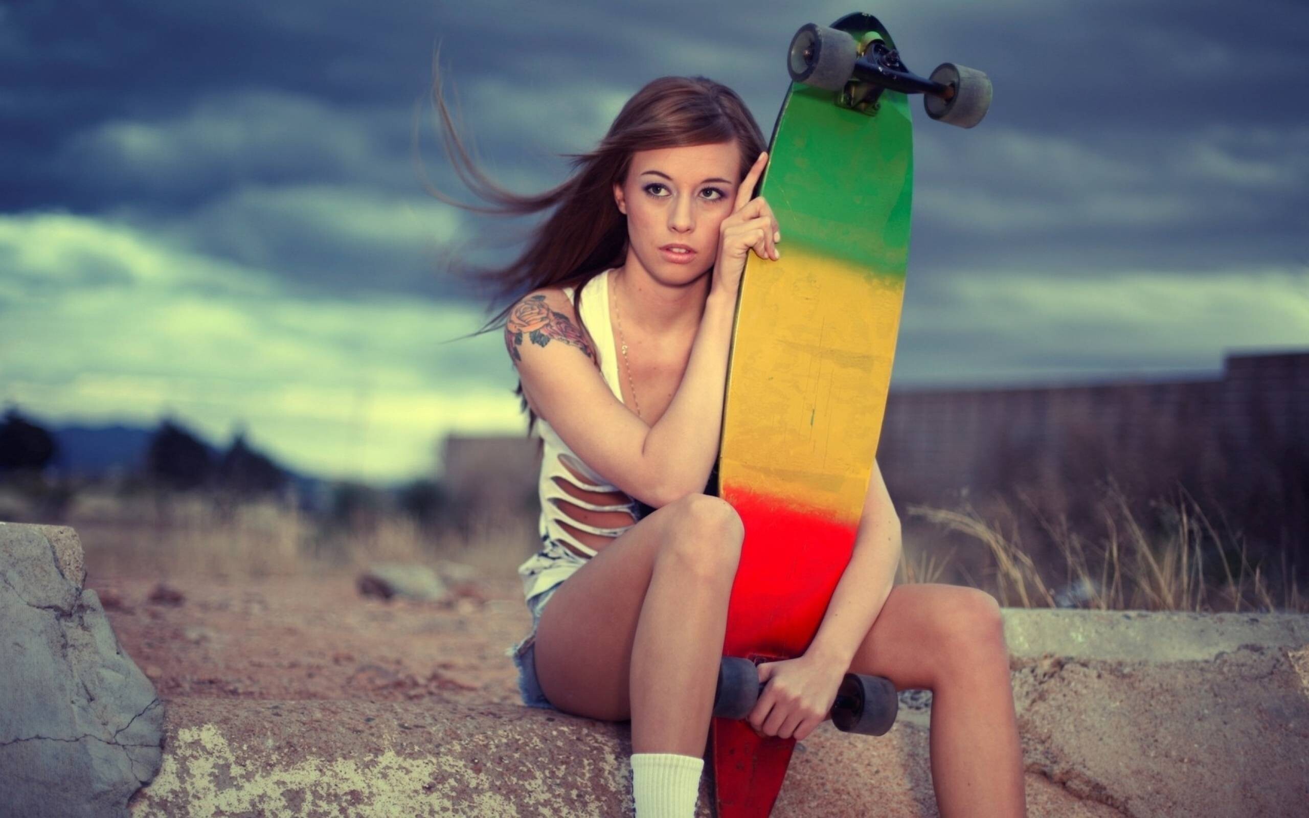 Girl Skateboarding: Skateboard-deck art, 7-ply construction, Seven layers of maple wood, Location for longboarding. 2560x1600 HD Wallpaper.