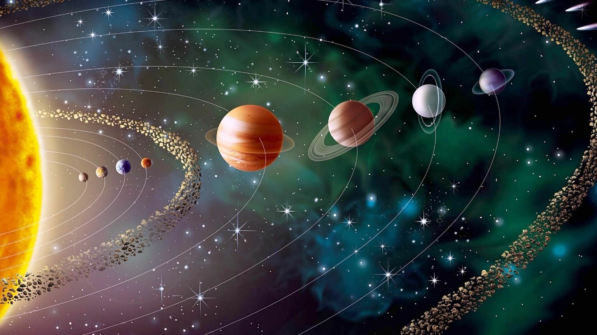 Solar System: The Sun and all the planets, asteroids, and other objects that orbit the Sun. 1920x1080 Full HD Background.