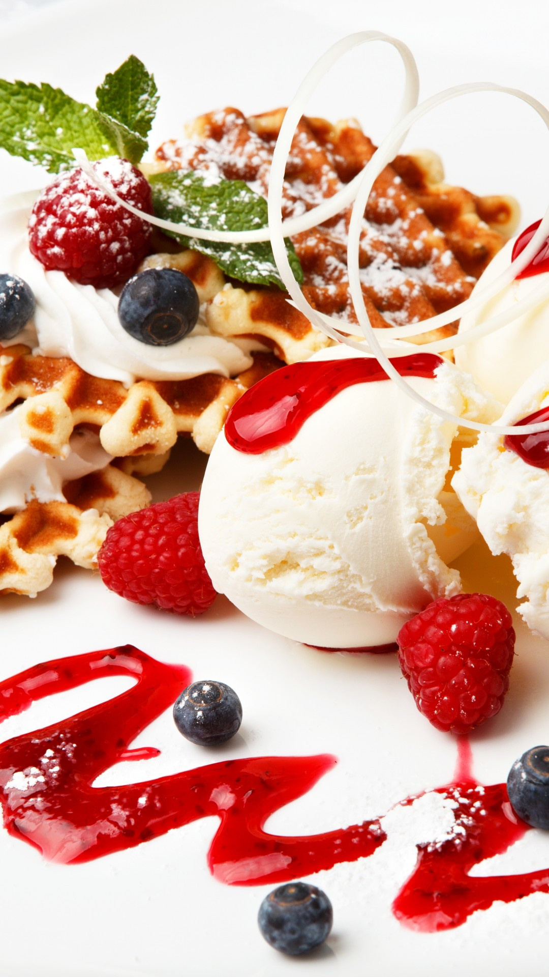 Waffle: Popular dessert, Topped with ice cream, raspberry, blueberry. 1080x1920 Full HD Wallpaper.