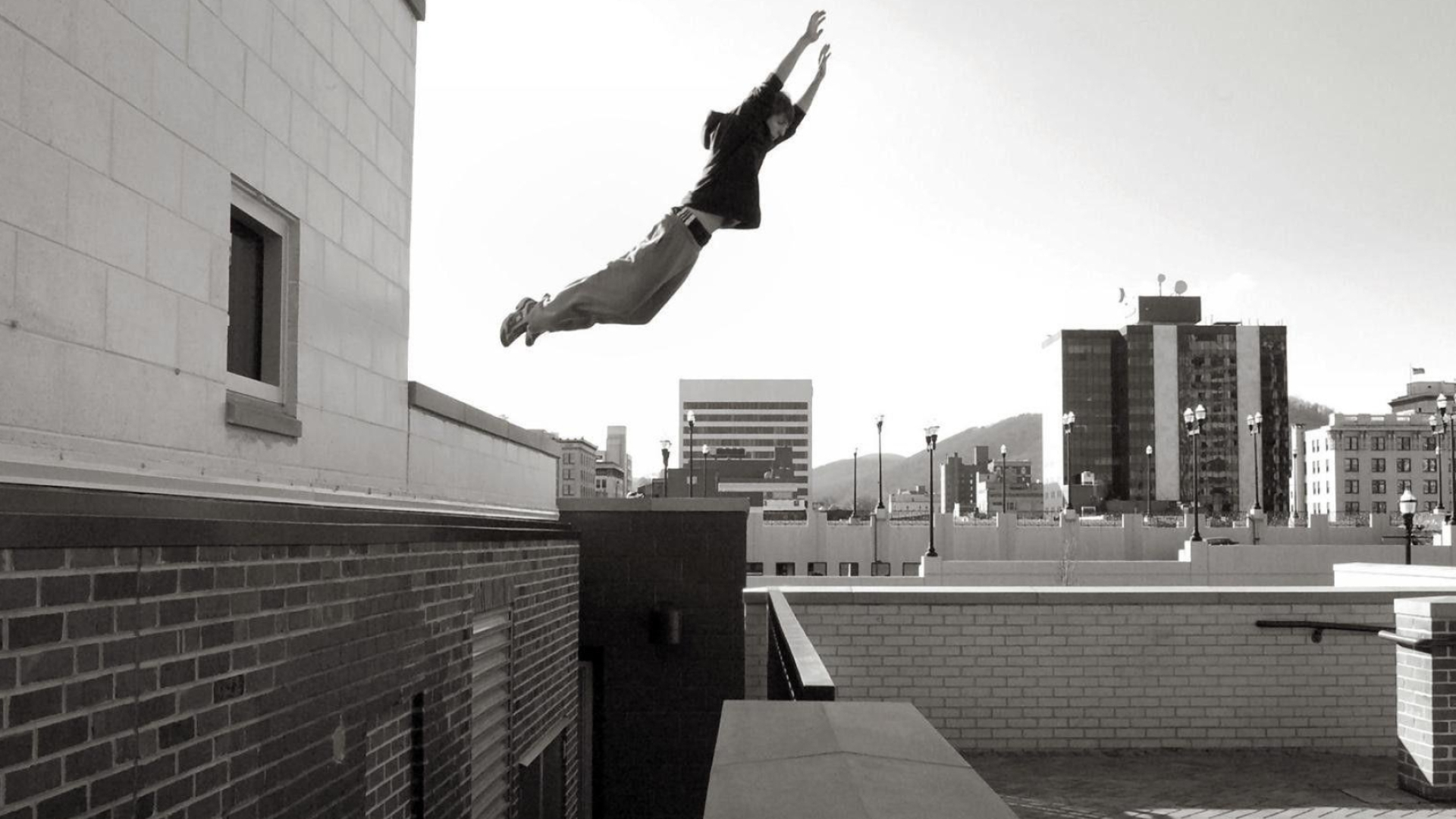 Freerunning: Parkour movements, Aesthetic element of speed jumping, Tracers, Monochrome. 1920x1080 Full HD Wallpaper.