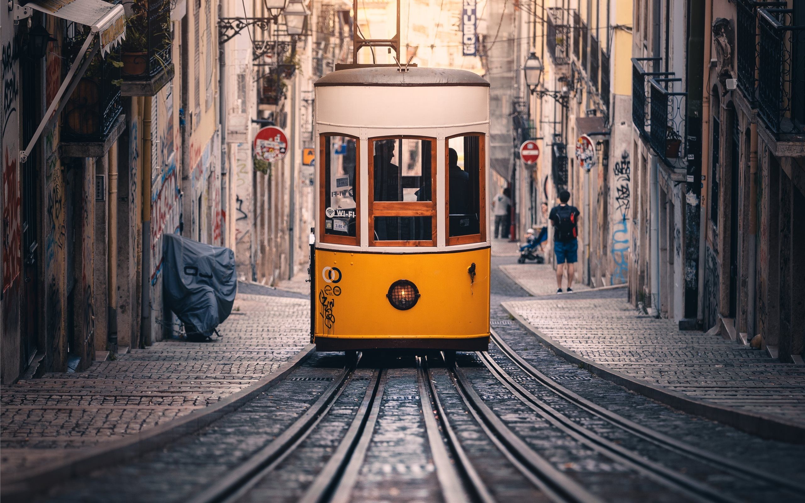 Alley: Tram in Lisbon, Narrow cobblestone streets of Portugal, Classic European city. 2560x1600 HD Background.