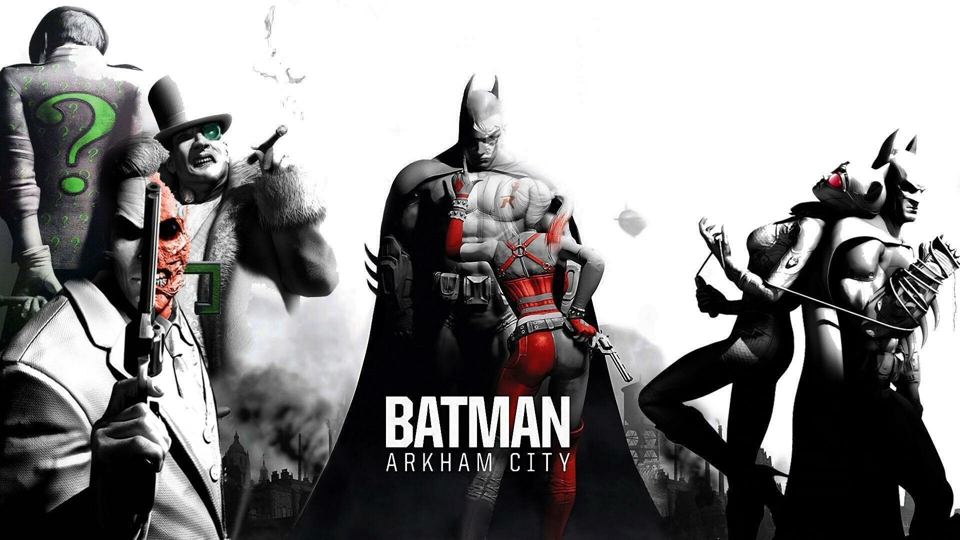 Batman: Arkham City: Harley Quinn, The Riddler, Two-Face, Penguin, Catwoman. 1920x1080 Full HD Background.