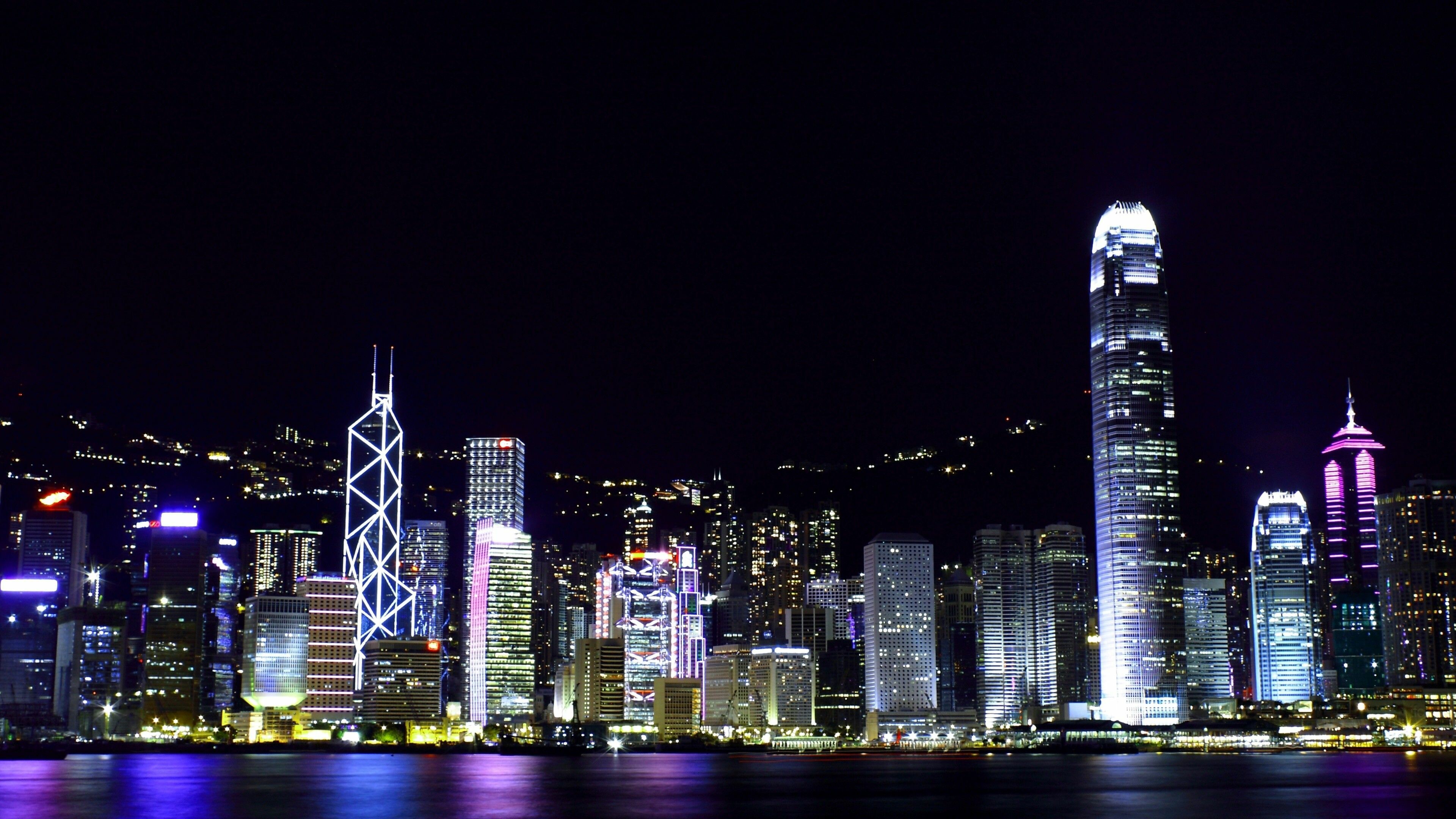 Hong Kong: Victoria Harbour, Known for its panoramic night view and skyline. 3840x2160 4K Background.