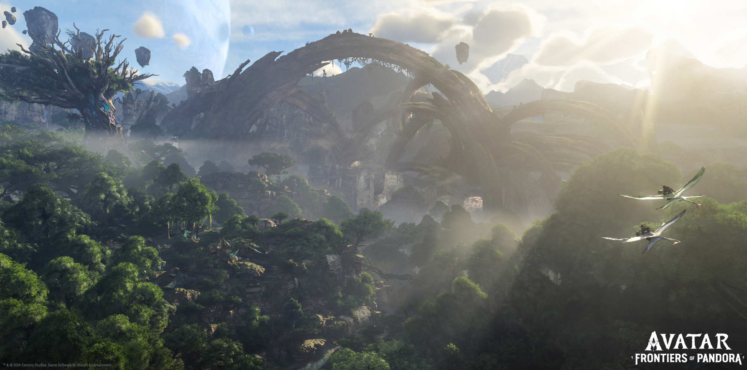Avatar: Frontiers of Pandora: New-gen tech, Detailed environment, Open world of Na'vi race, Ambitious game. 2560x1270 Dual Screen Background.