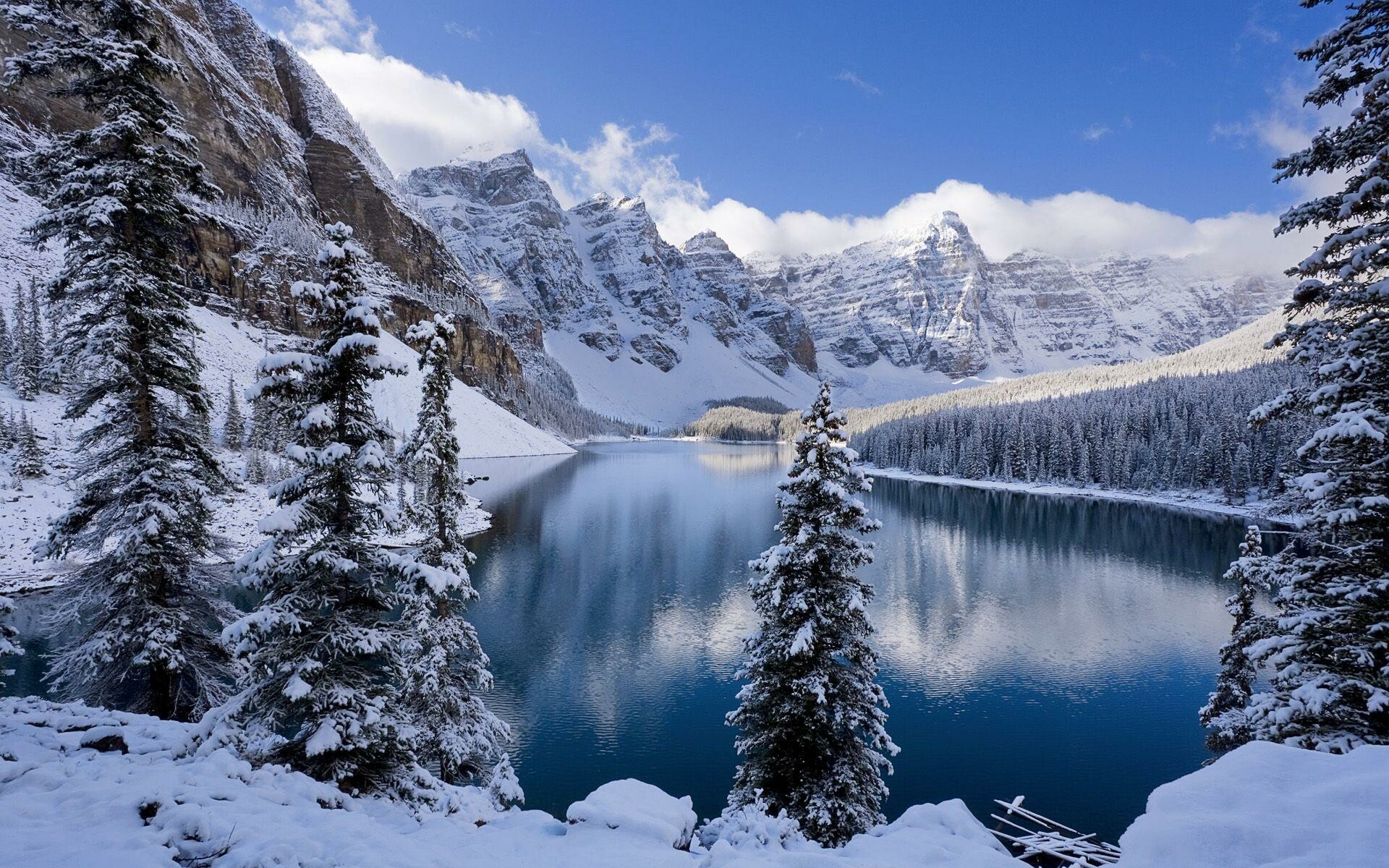 Winter: Moraine Lake, Snow-capped, Canadian landscape. 1920x1200 HD Wallpaper.