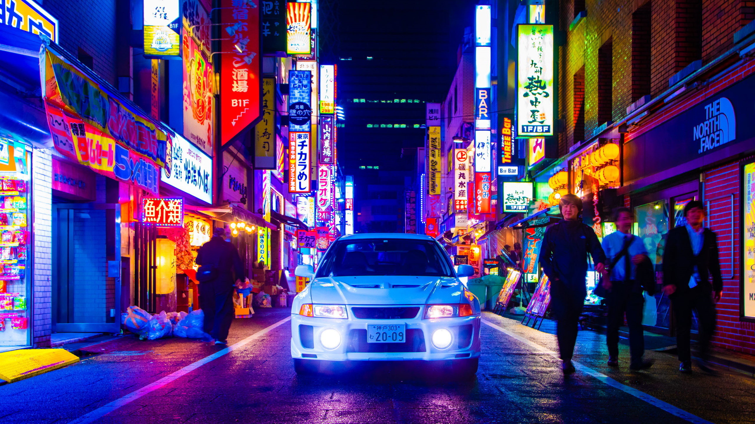 Mitsubishi Lancer Evo V, Neon cityscape, 2560x1440 HD Desktop