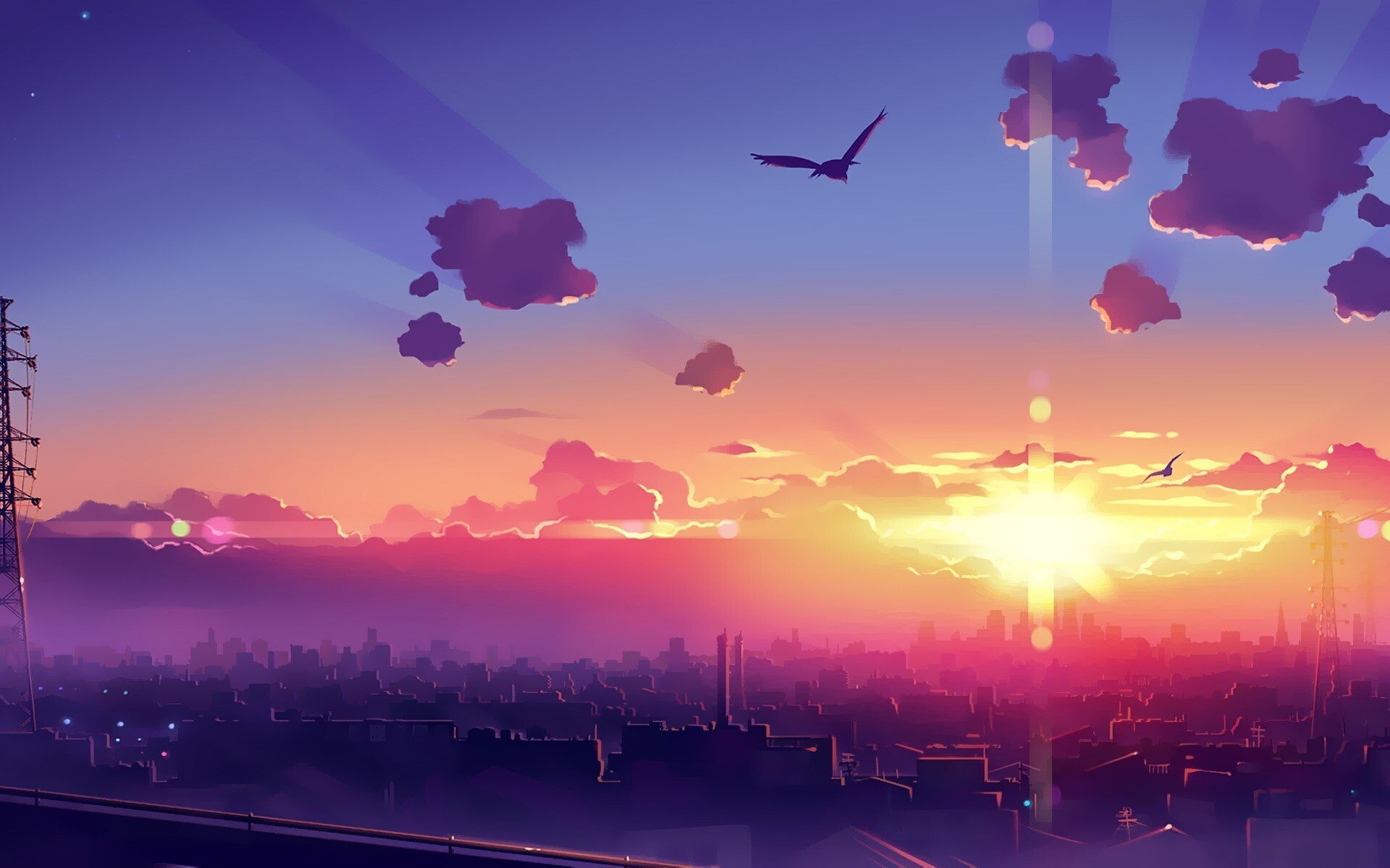 Sunset: The moment when the upper limb of the Sun disappears below the horizon, Cityscape. 1920x1200 HD Background.
