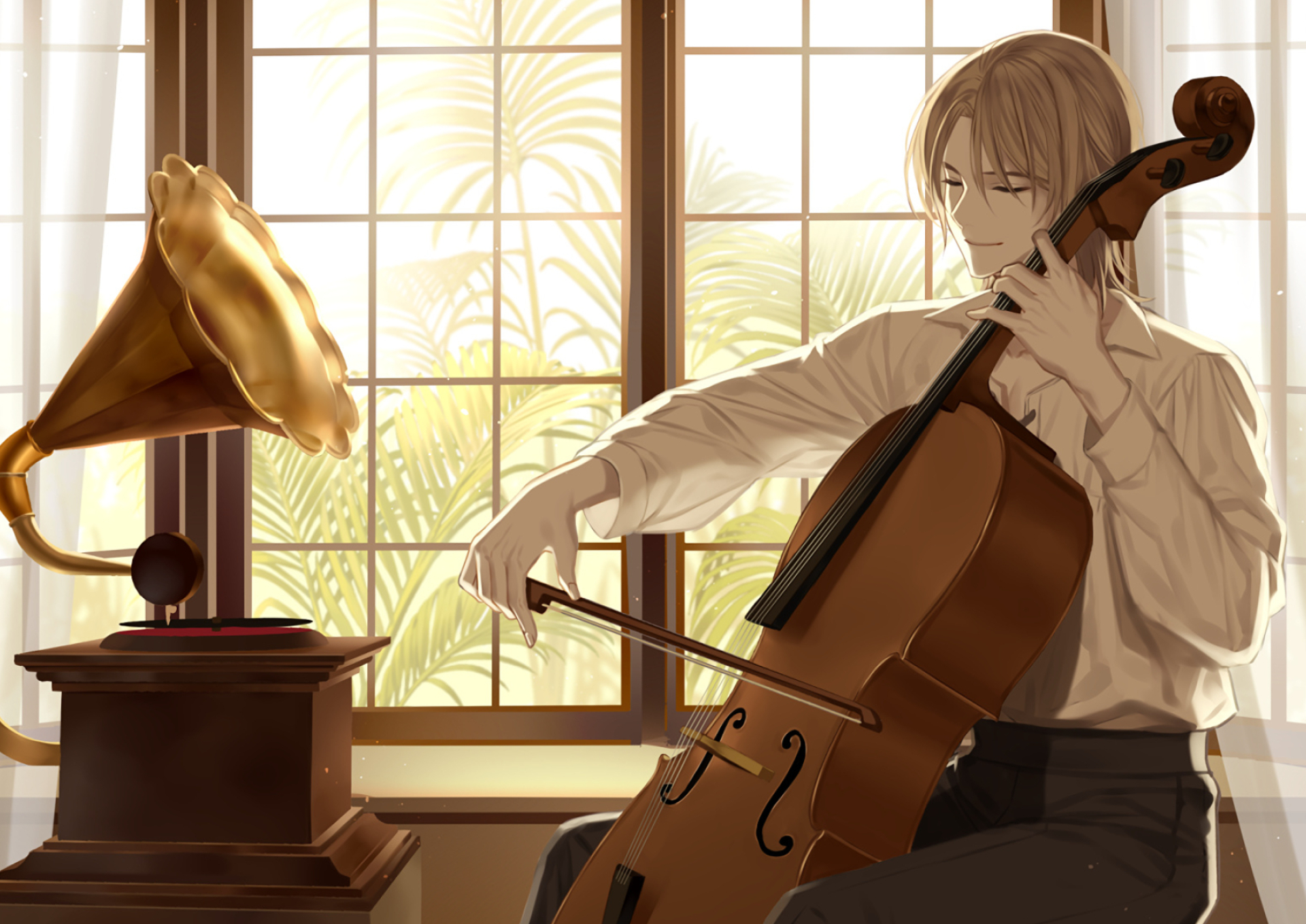 Double Bass: Anime Character, Young Musician Playing The Instrument. 1920x1360 HD Background.