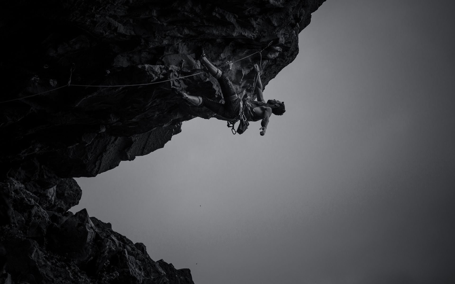 Climbing, Monochrome adventure, Rock climbing wallpapers, Black and white, 1920x1200 HD Desktop