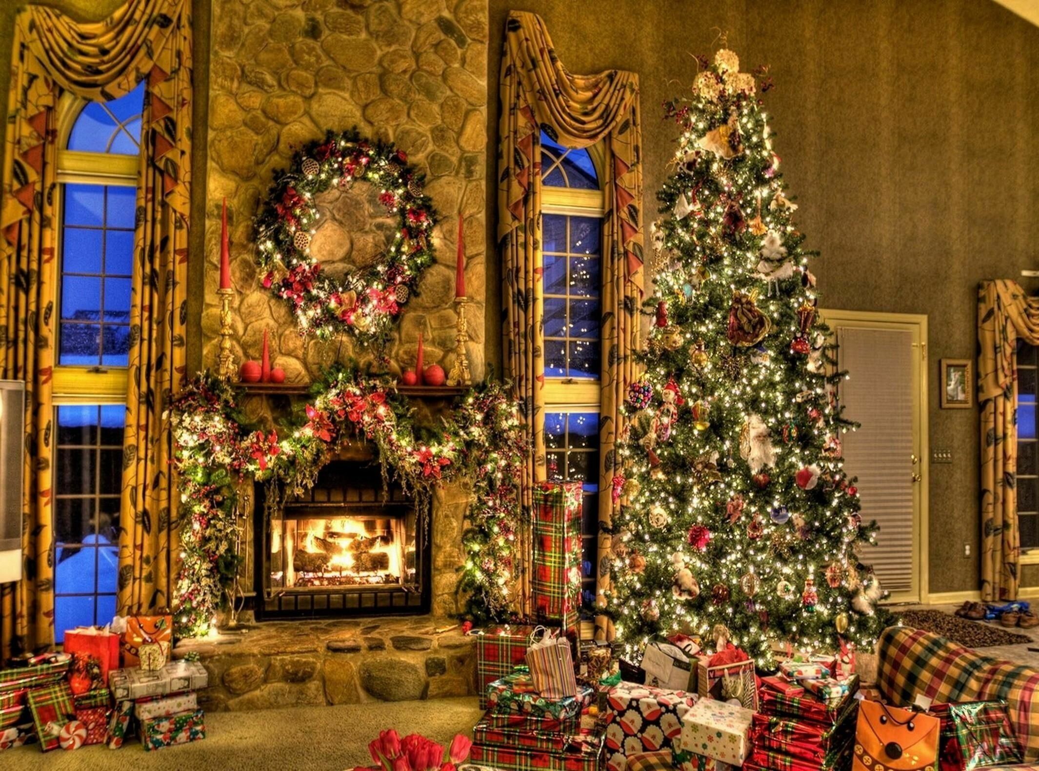 Christmas Fireplace: Chimney, Ornament, Gifts, Family holiday. 2130x1580 HD Wallpaper.