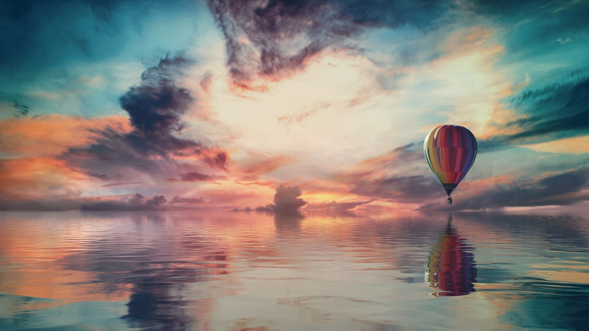 Hot Air Balloon: Burner With Liquid Propane, Aircraft, Flight Over The Quiet Water, Spherical Free Balloon. 1920x1080 Full HD Background.