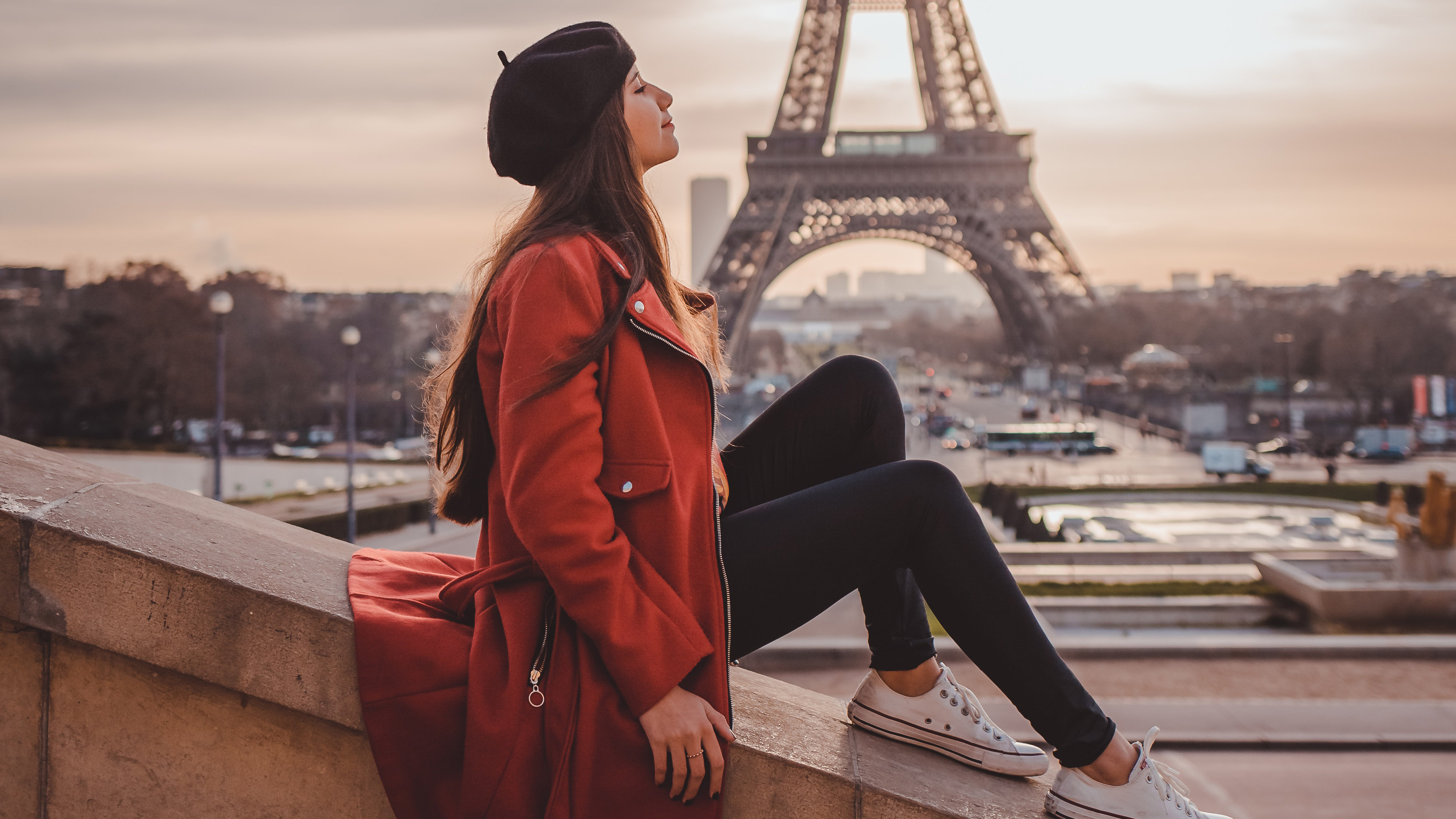 Girl sitting on rooftop, Eiffel tower, HD girls, 4K wallpapers, 3650x2060 HD Desktop
