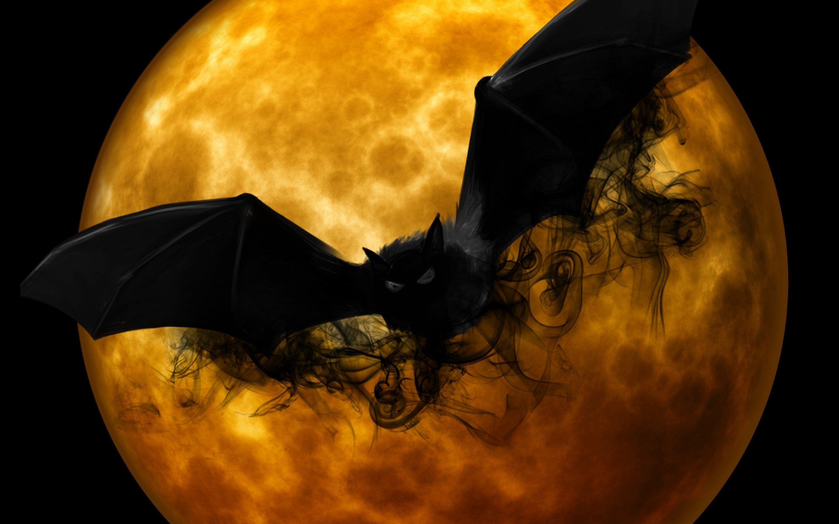 Halloween bat, Spooky orange, Moonlit backdrop, Wallpaper resolution, 2880x1800 HD Desktop
