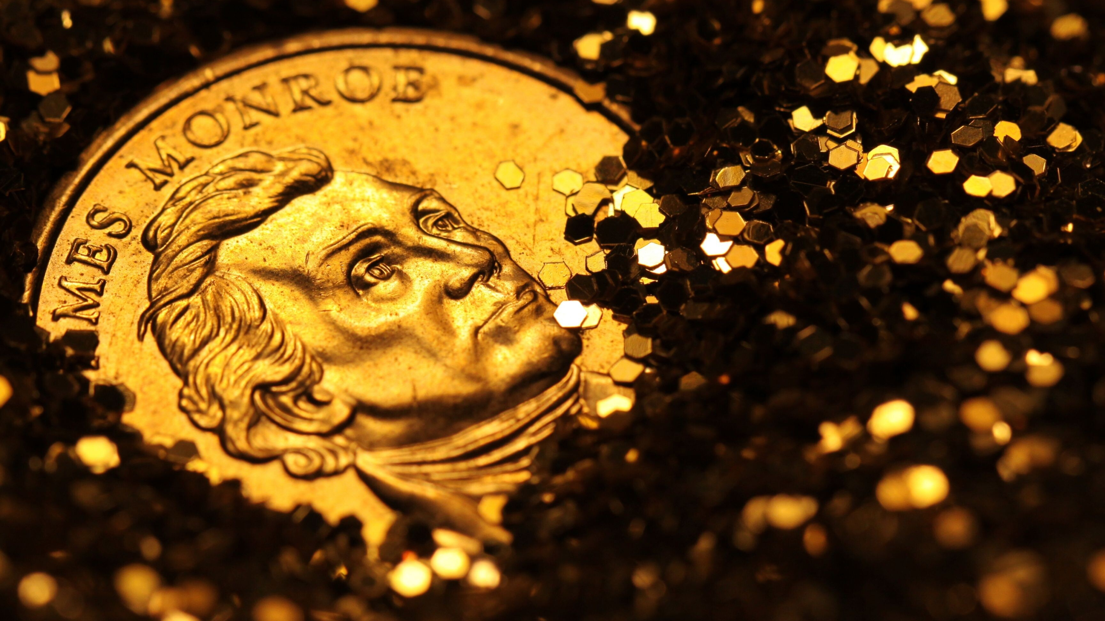 Gold Coins: James Monroe $1 coin, Created by the United States Mint, Sparkling confetti. 3840x2160 4K Wallpaper.