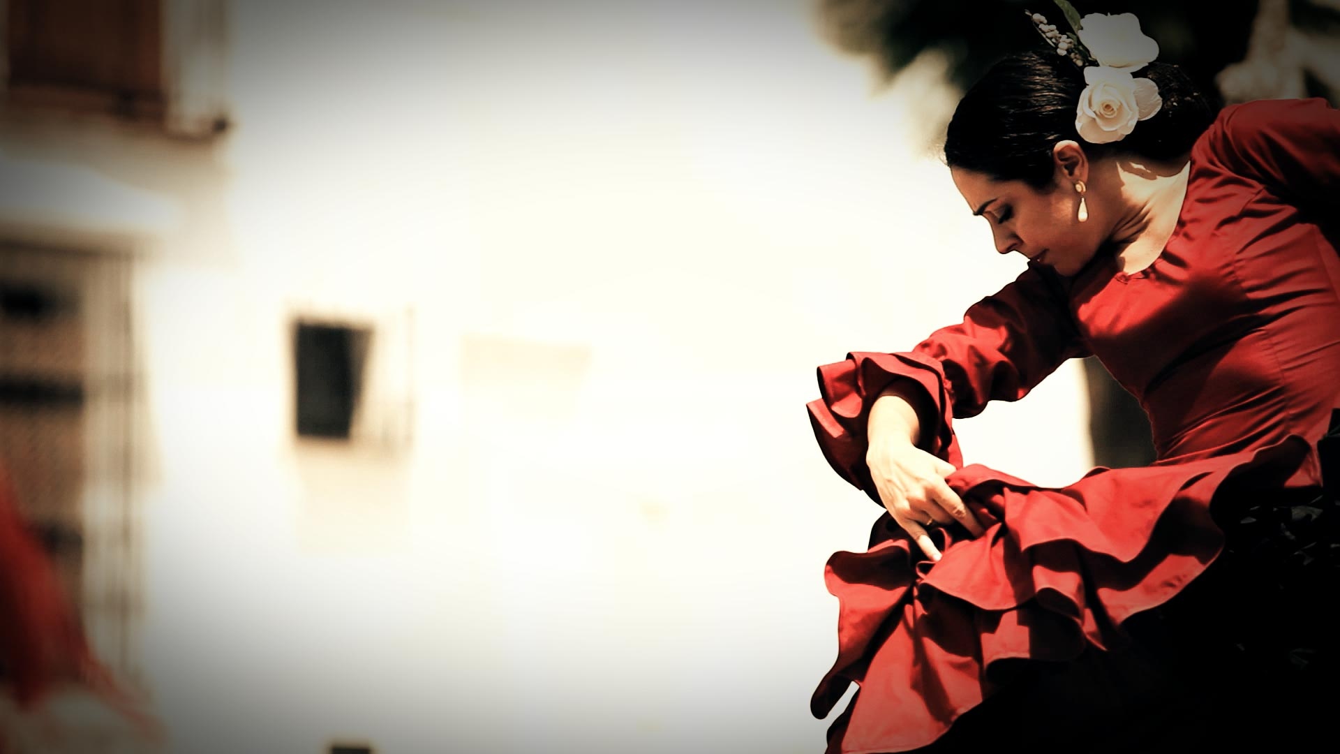 Flamenco: The folkloric dancing outfit, Layers of ruffles on both the skirt and sleeves, Female dancer. 1920x1080 Full HD Background.