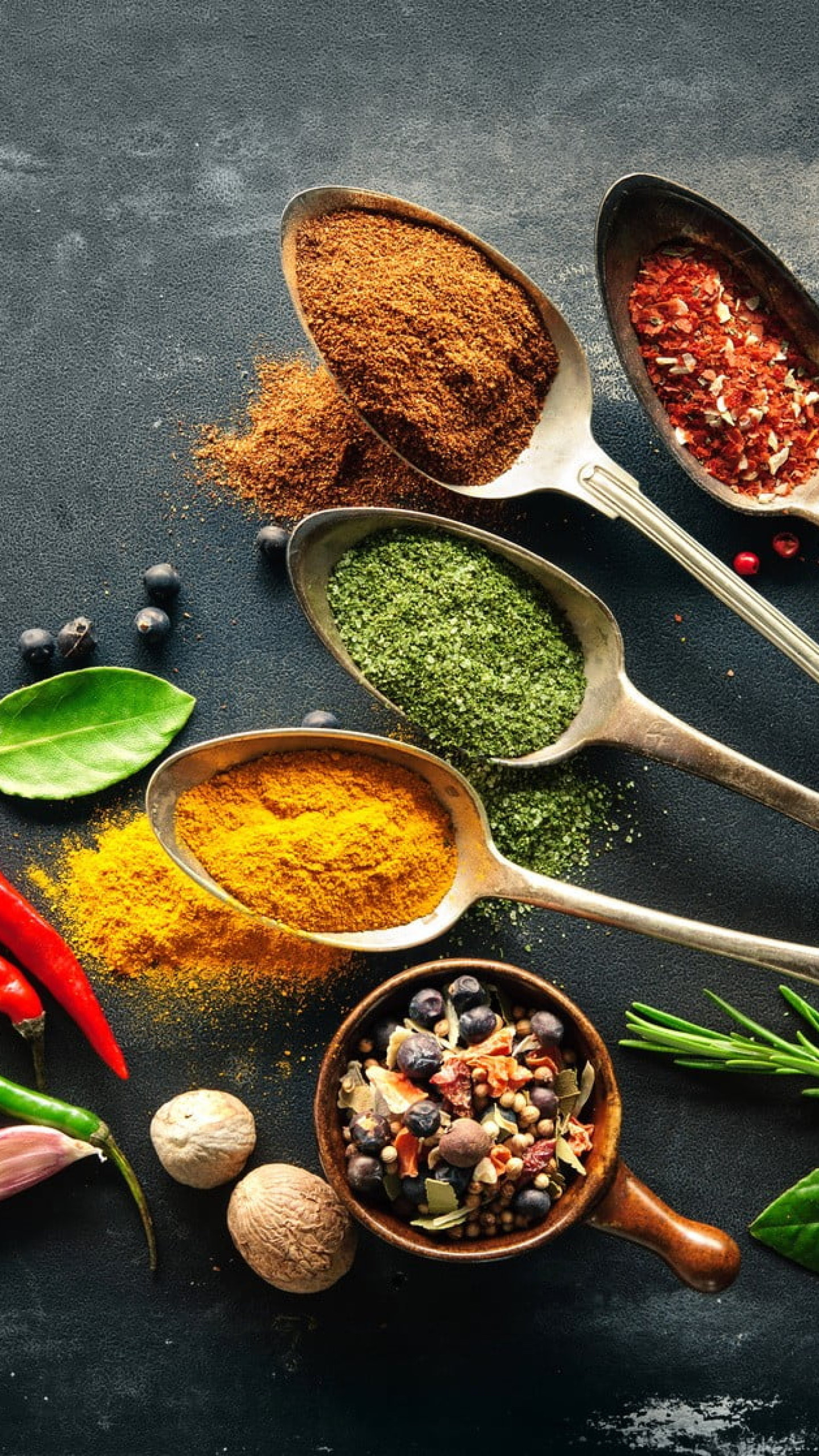 Spices: Aromatic fruits and oil-bearing seeds of herbaceous plants, Pepper, Nutmeg. 1440x2560 HD Wallpaper.