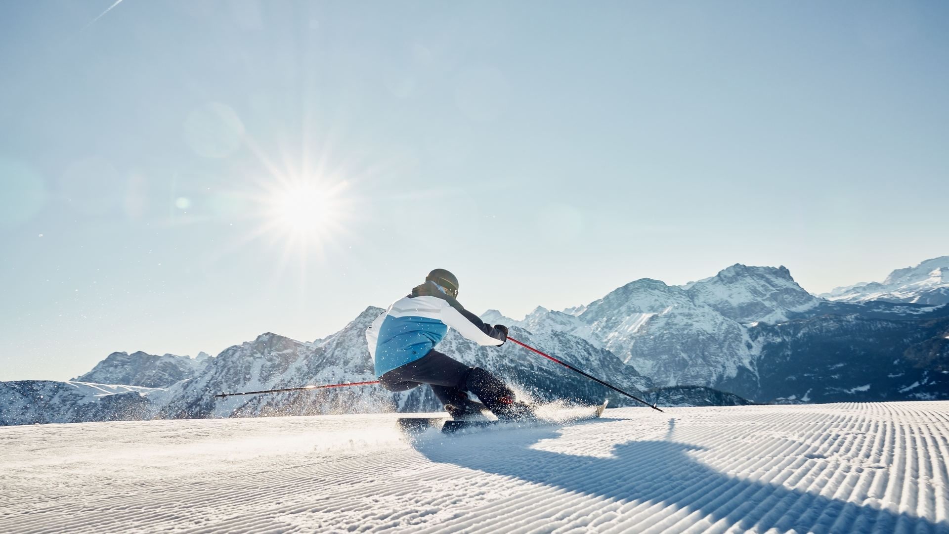 Alpine Skiing: South Tyrol, Kronplatz Ski Resort, Mountain, Passing the distance on a snow track. 1920x1080 Full HD Background.
