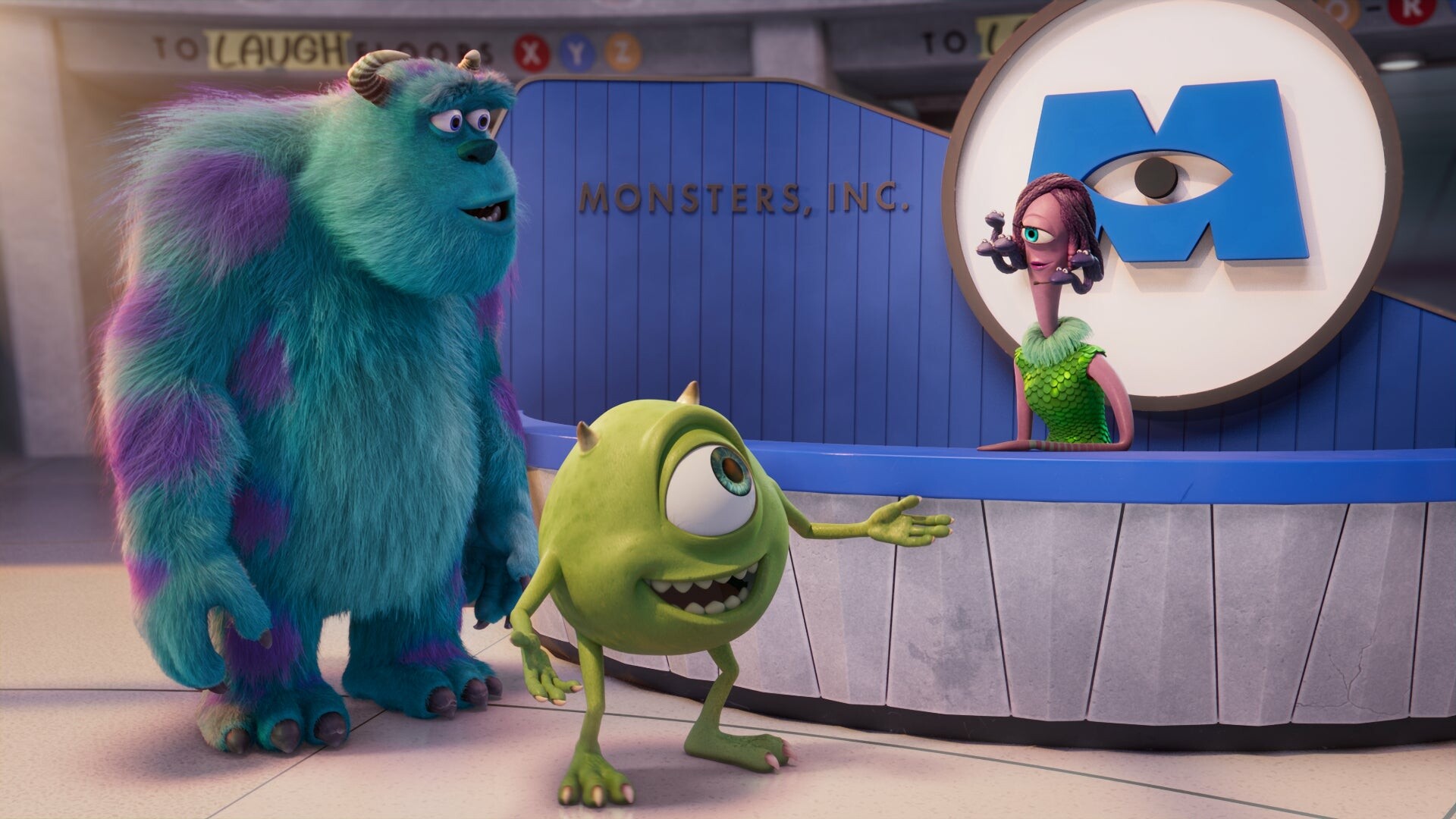 Monsters at Work: Mike Wazowski, James P. "Sulley" Sullivan, and Celia Mae. 1920x1080 Full HD Background.