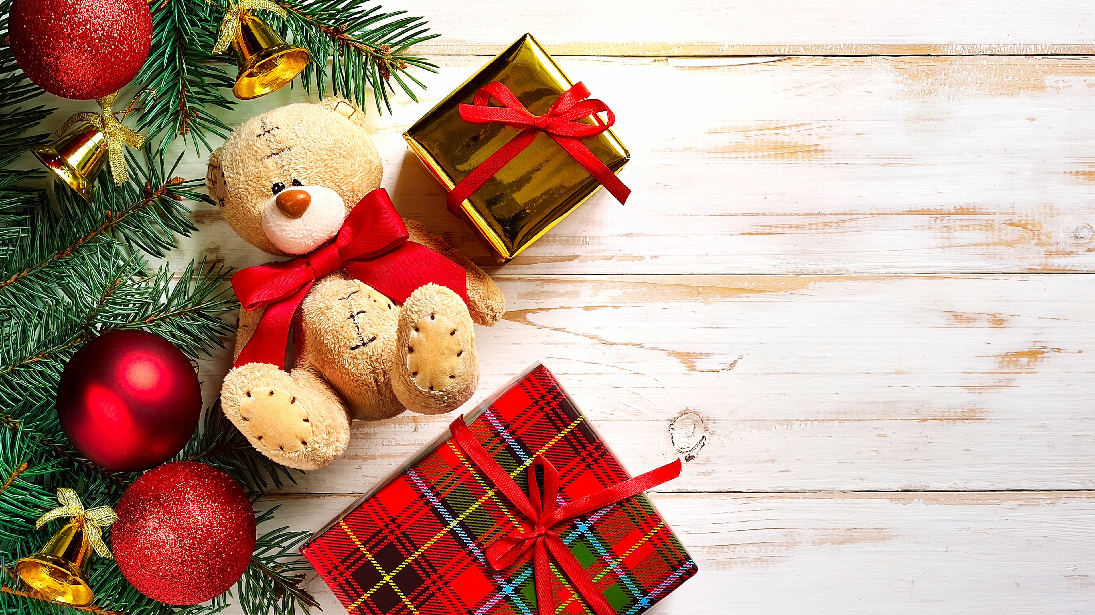 Decorations: Christmas, New Year, Gifts, Toys, Holidays, Ornament. 3840x2160 4K Background.