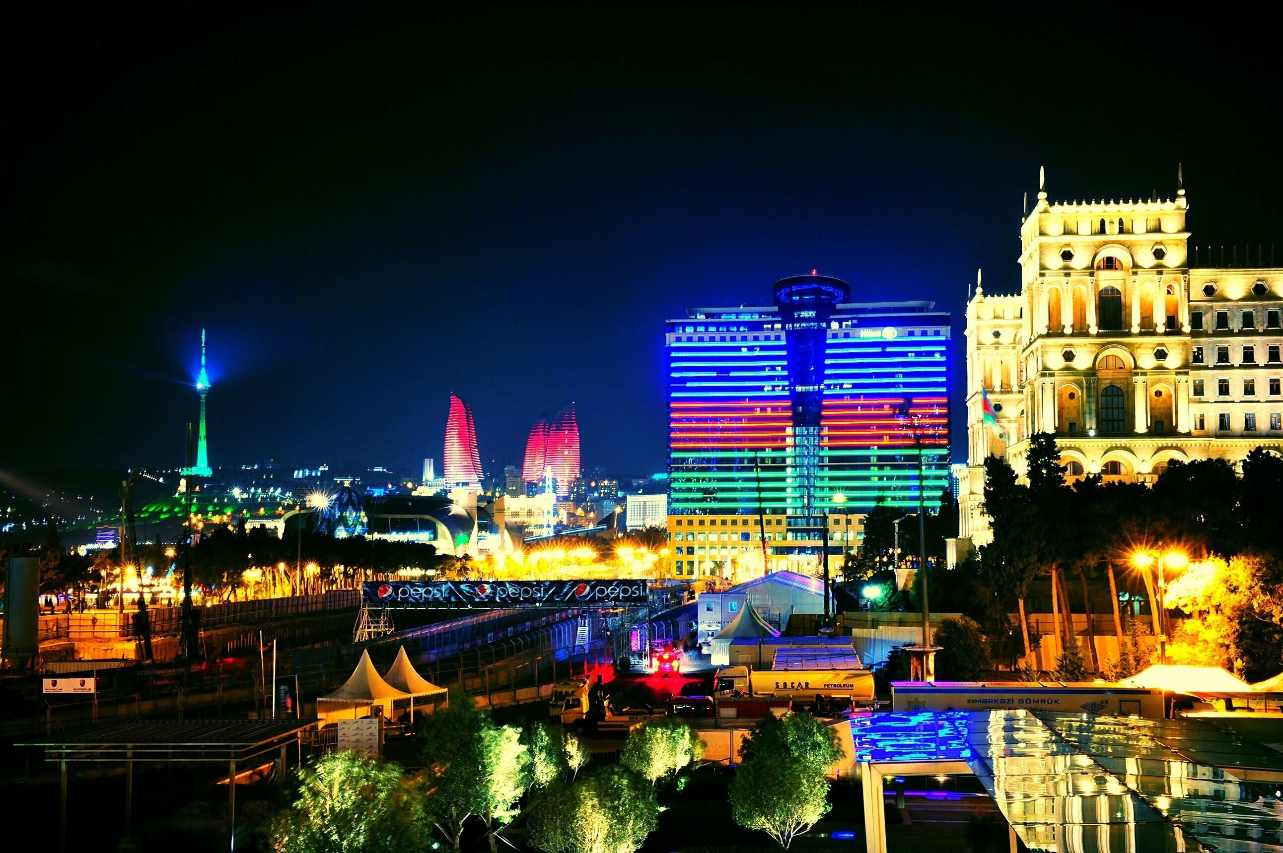 Azerbaijan: A landlocked country of eastern Transcaucasia, Night city lights. 2590x1720 HD Background.