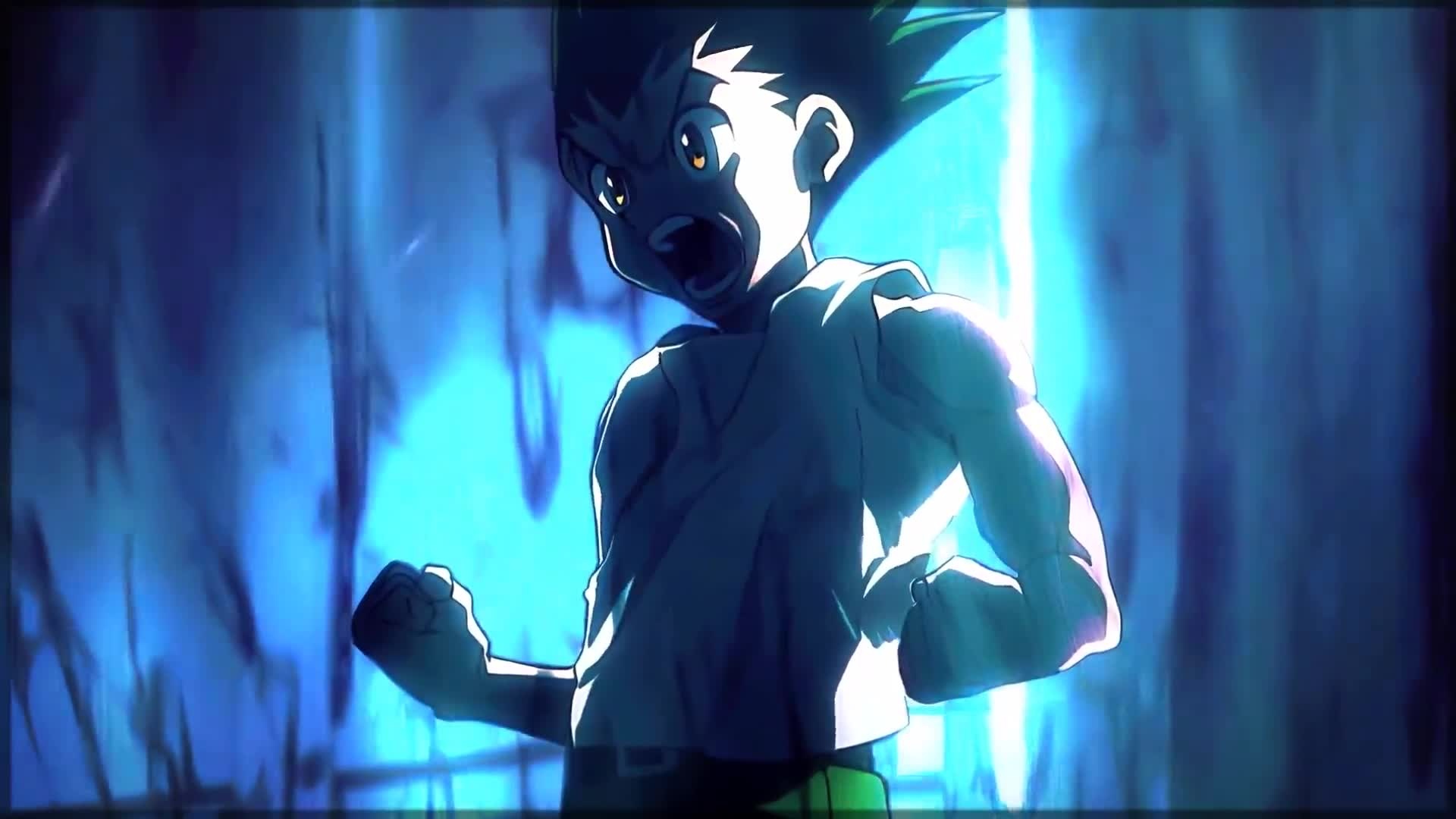 Gon Freecss: A fictional character in a white tank, Extreme mood swings, Anger, Large hazel eyes. 1920x1080 Full HD Background.