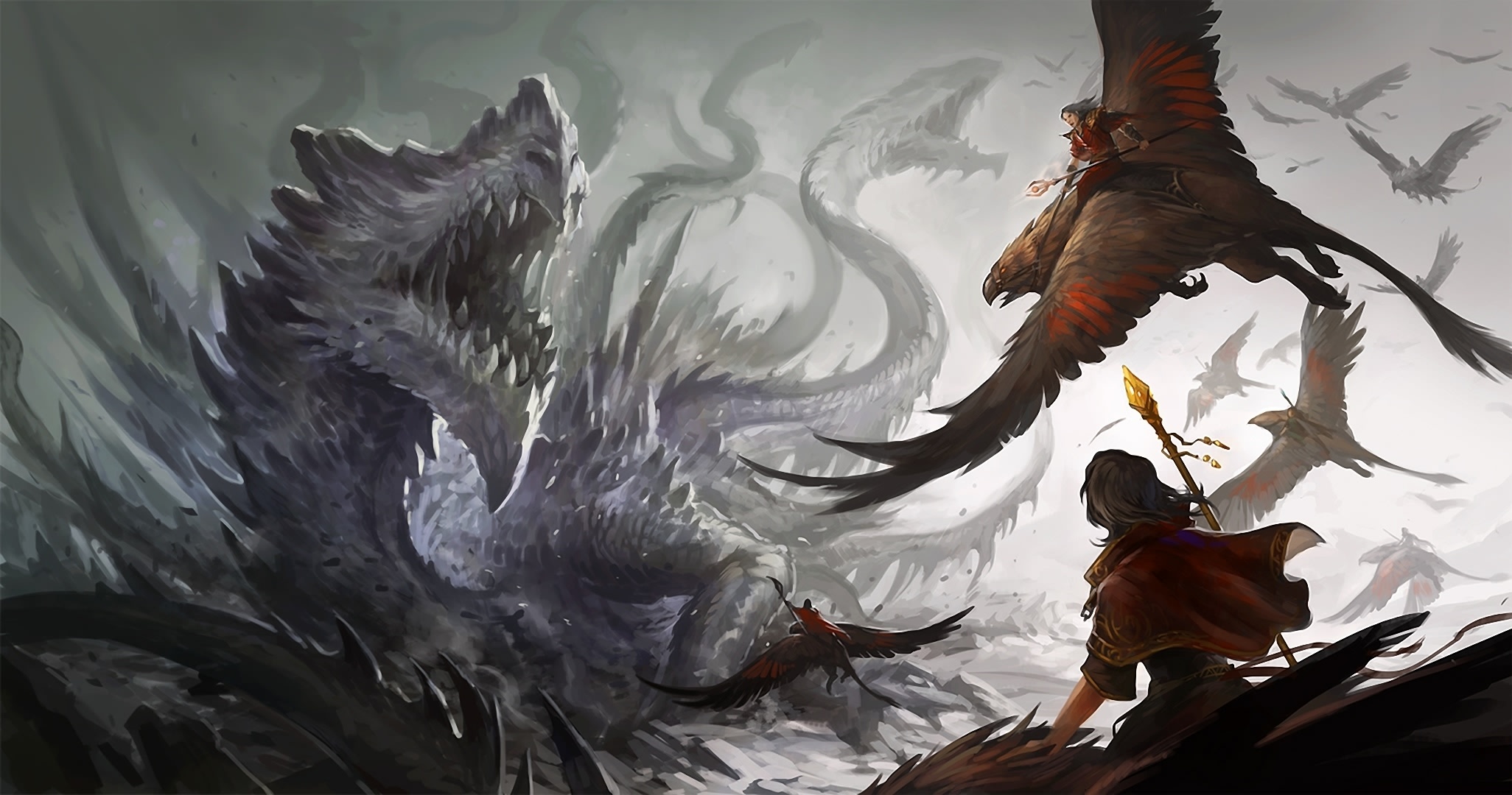 Griffins, Mythical creatures, Sandara dragon, Battle staff, 2060x1080 HD Desktop