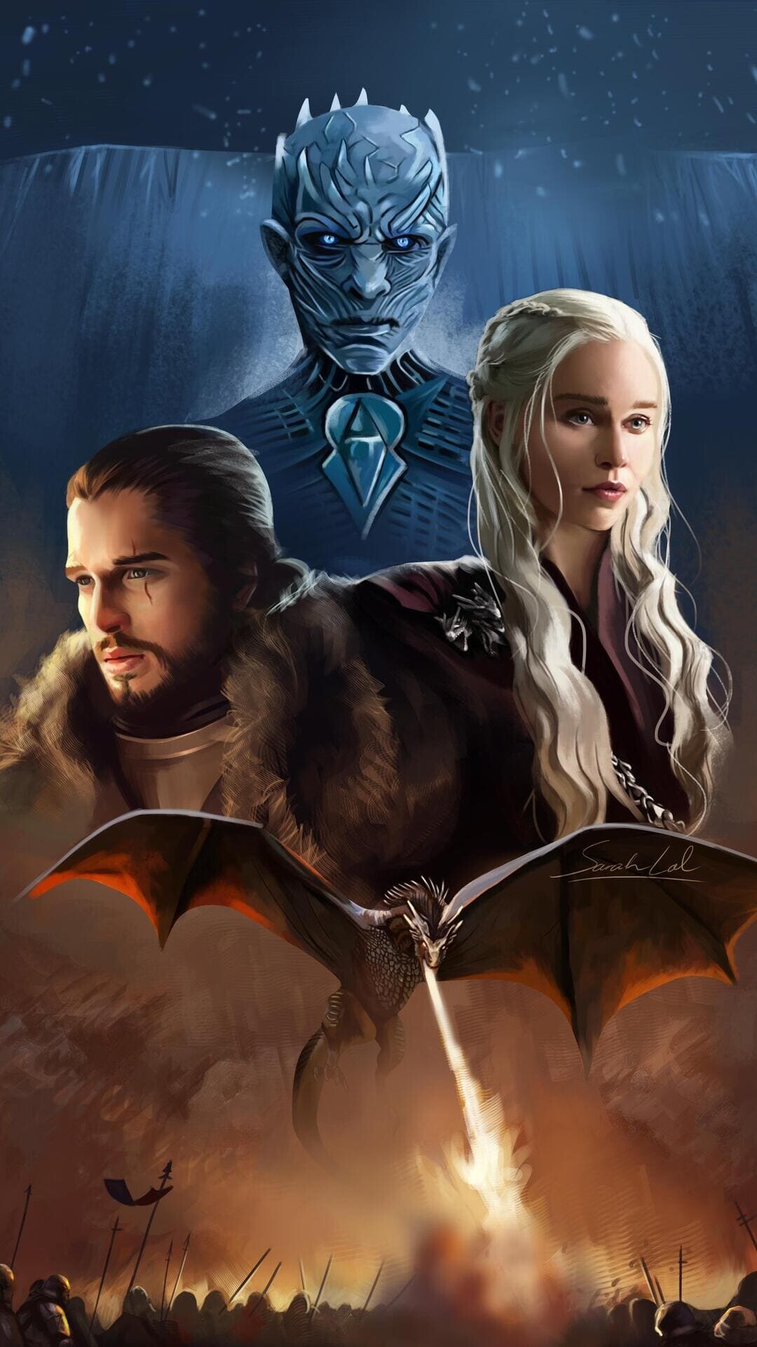 Game of Thrones: Daenerys Targaryen, Jon Snow, Night King, Drogon. 1080x1920 Full HD Wallpaper.