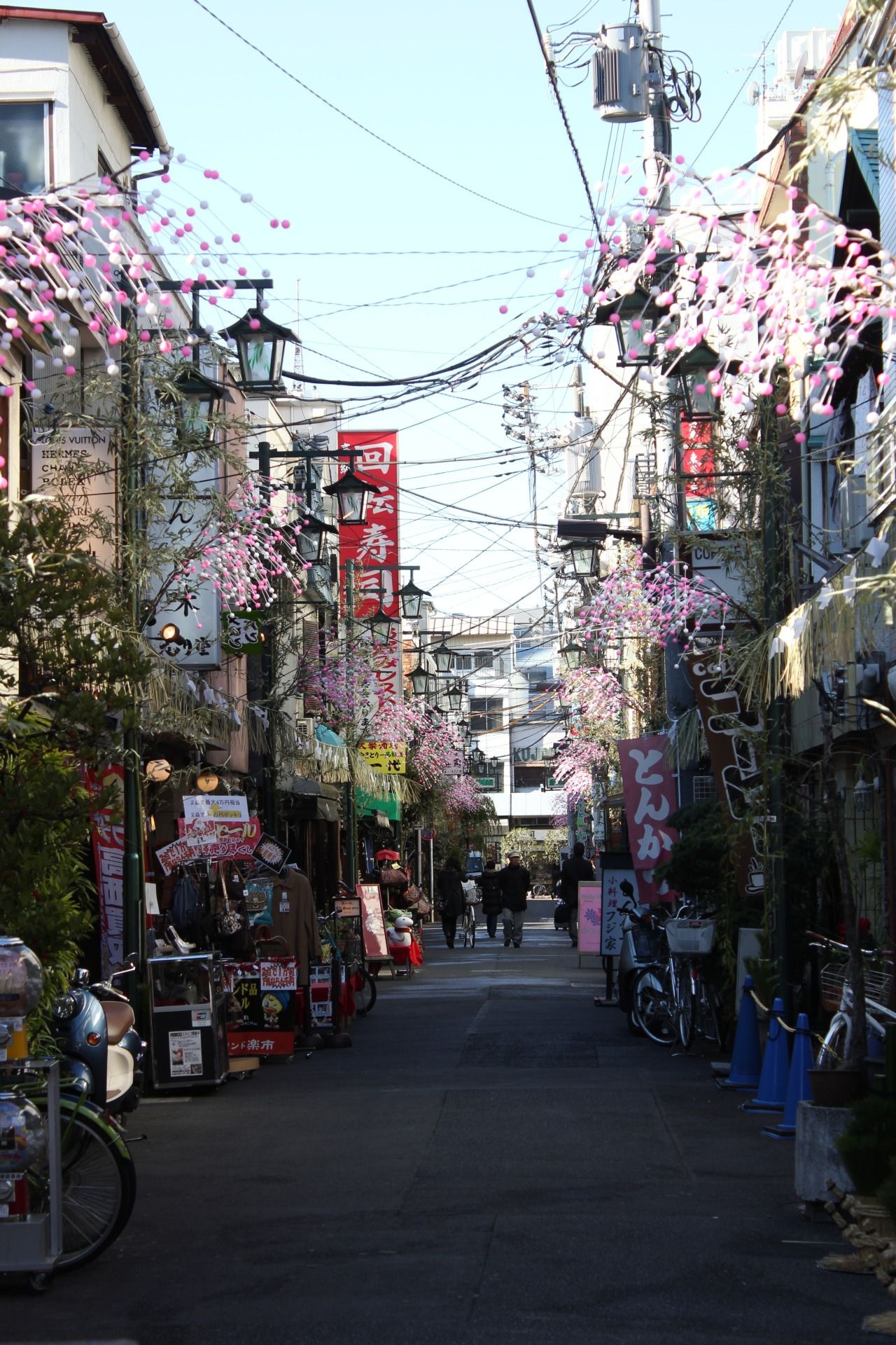 Alley: Market place and sidewalk in Japanese town, Chery blossom, Commuter town. 1280x1920 HD Wallpaper.