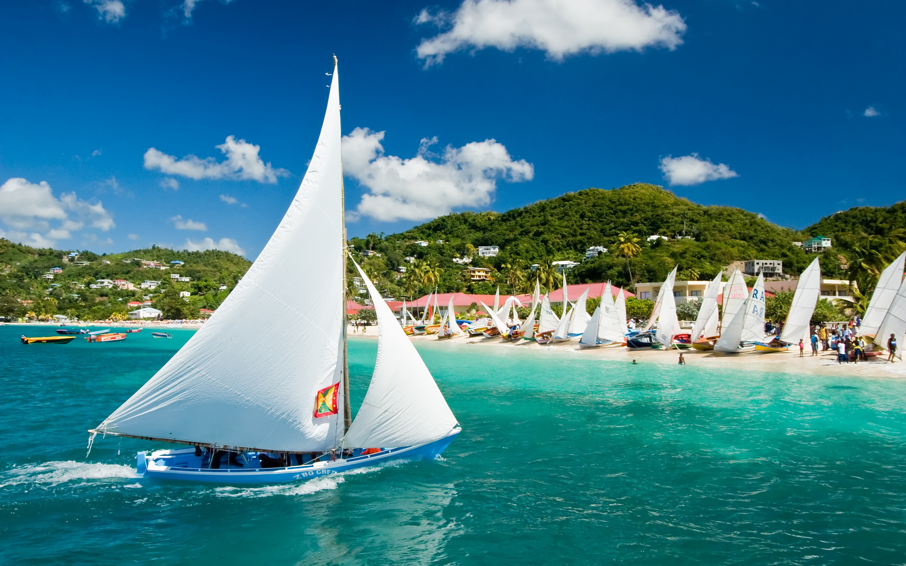 Caribbean tropical islands, Sailboats, Flag of Grenada, Beach, 2880x1800 HD Desktop