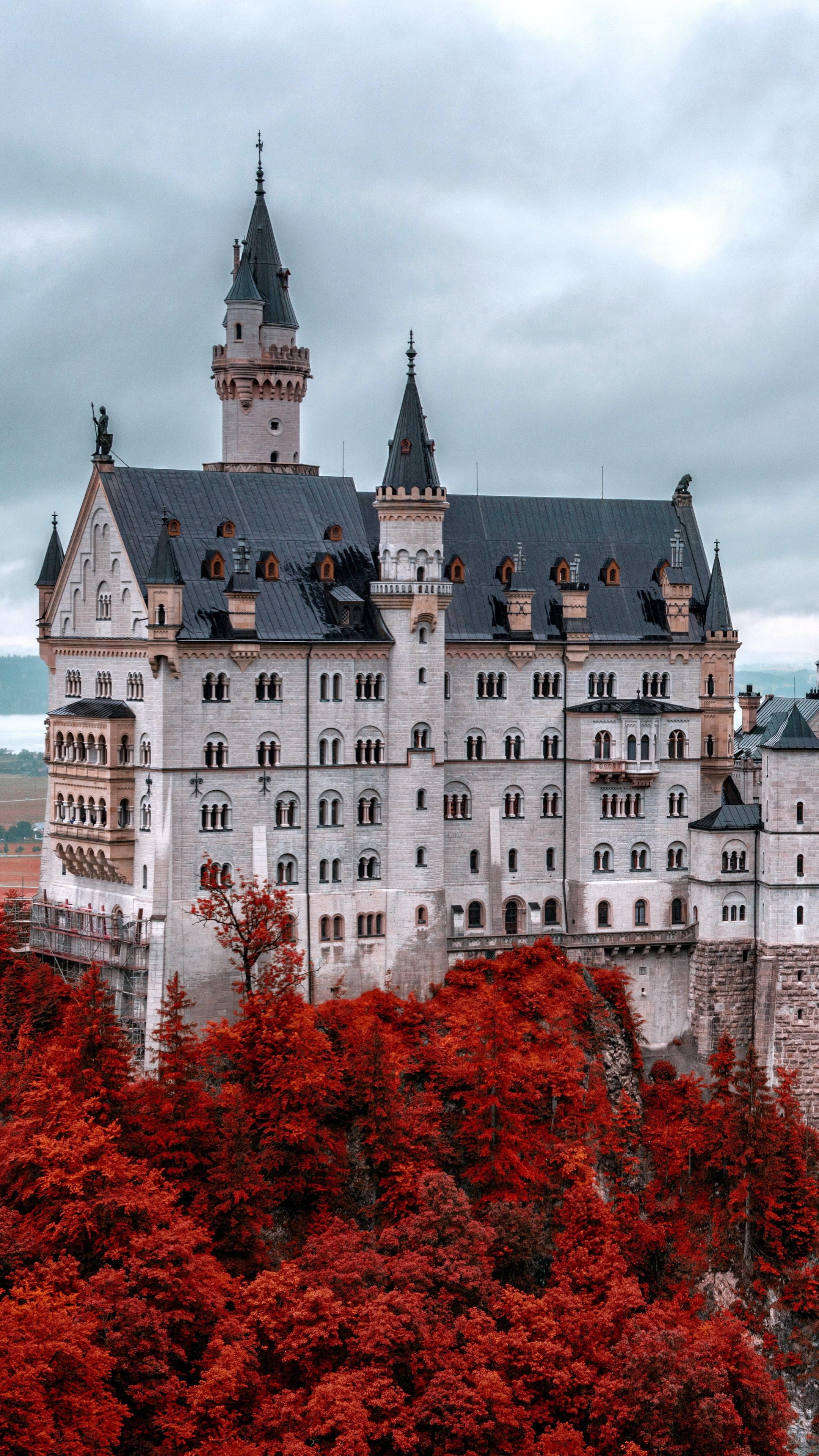 Castle: Schloss Neuschwanstein, Bavaria, Germany, Touristic attraction. 2160x3840 4K Background.