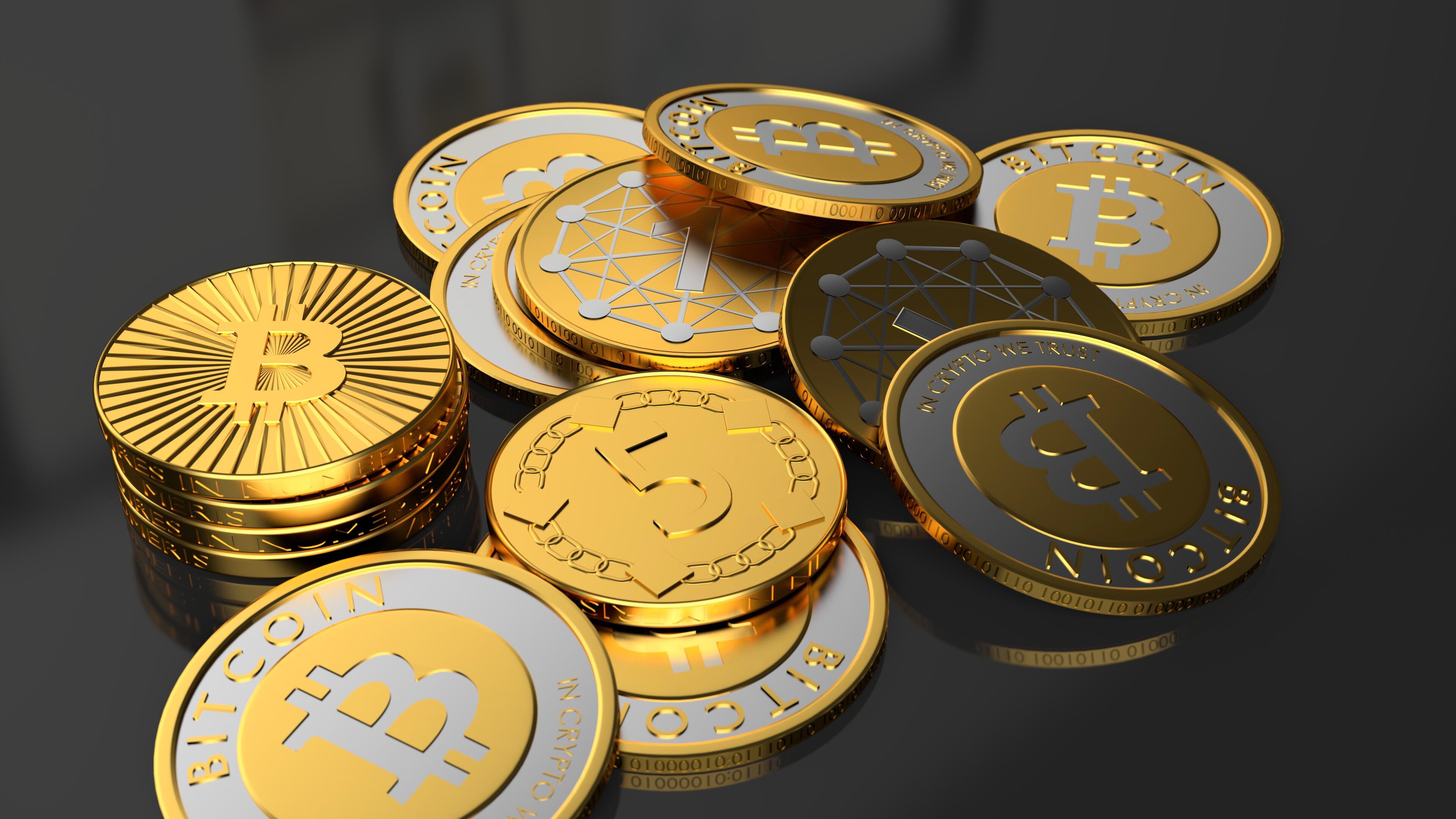 Cryptocurrency: Bitcoins, Virtual currency secured by cryptography, Satoshi. 3840x2160 4K Wallpaper.