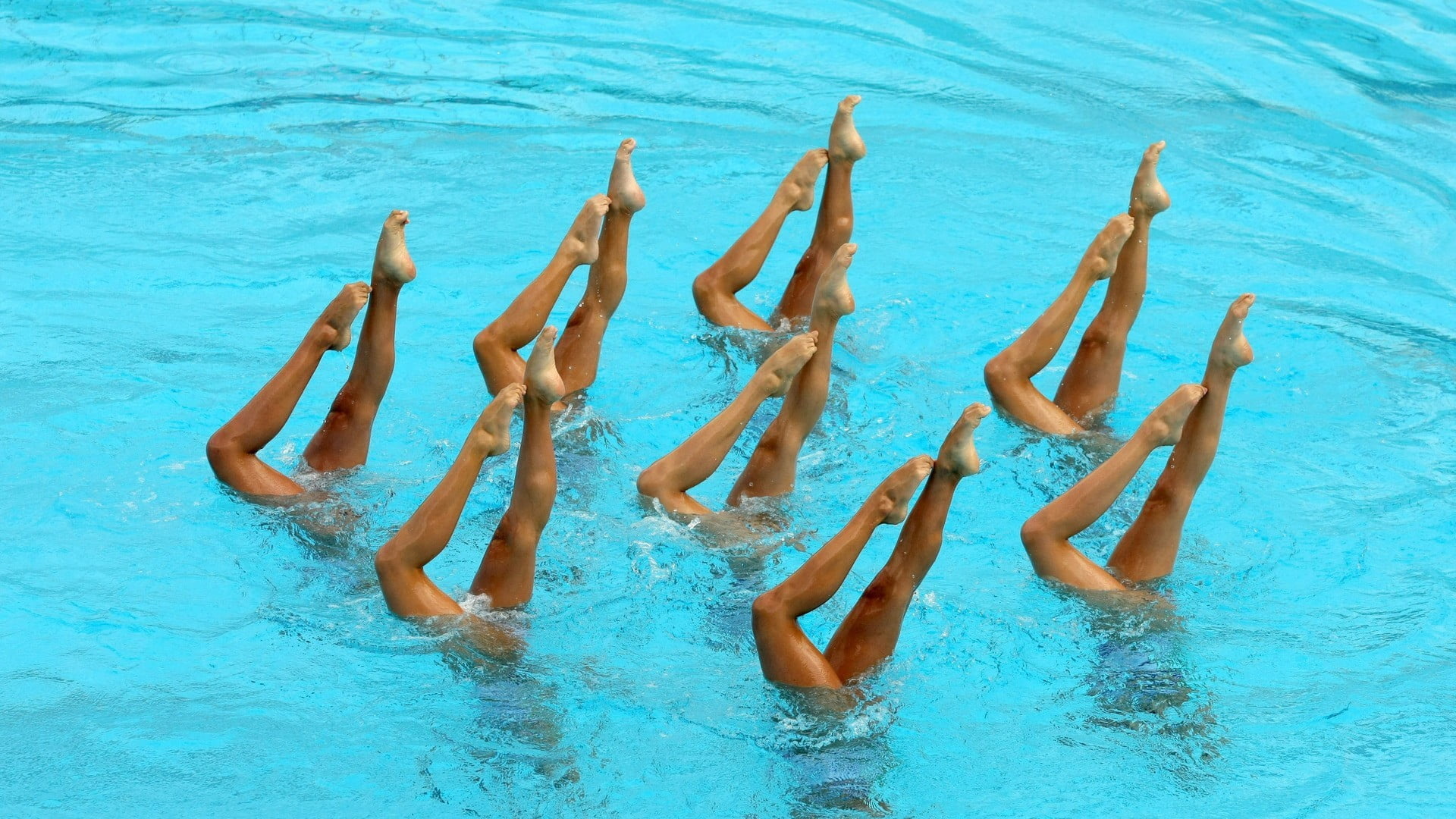 Synchronized Swimming: Artistic techniques and basic sculls training session, Water sports discipline. 1920x1080 Full HD Wallpaper.