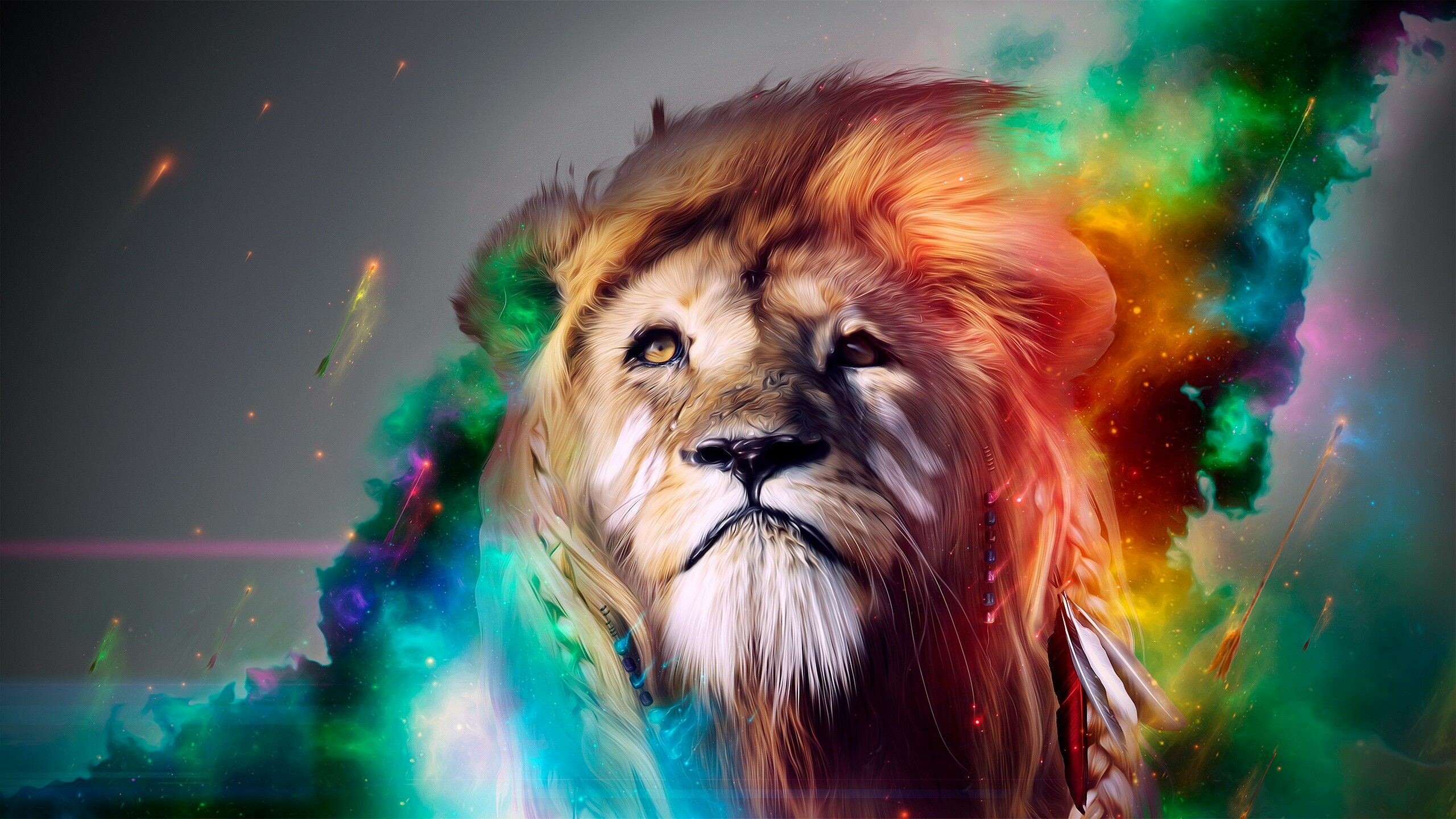 Lion: Lions most often roar at night, a sound that can be heard from a distance of 8 kilometers, Painting, Colorful. 2560x1440 HD Wallpaper.