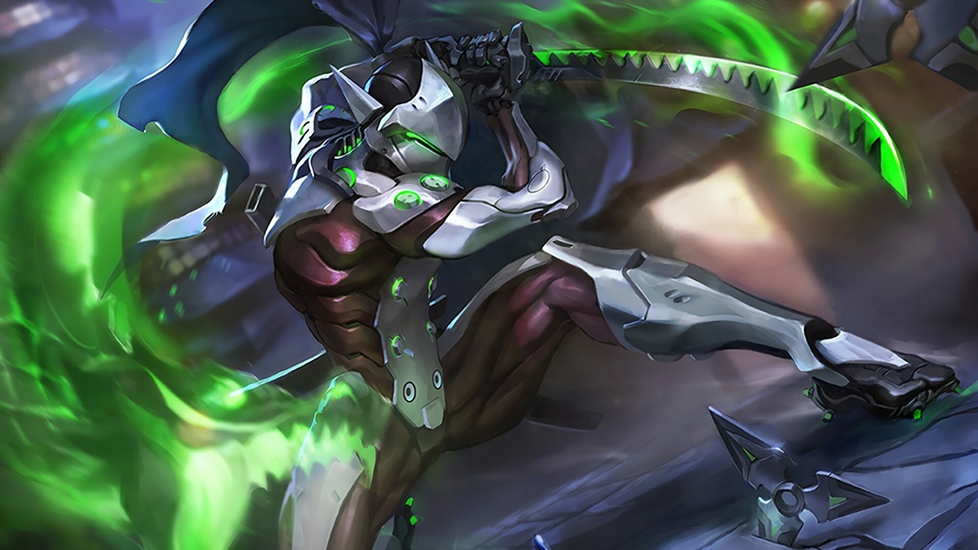 Genji: The cyborg that made peace with the augmented body he once rejected. 1920x1080 Full HD Background.