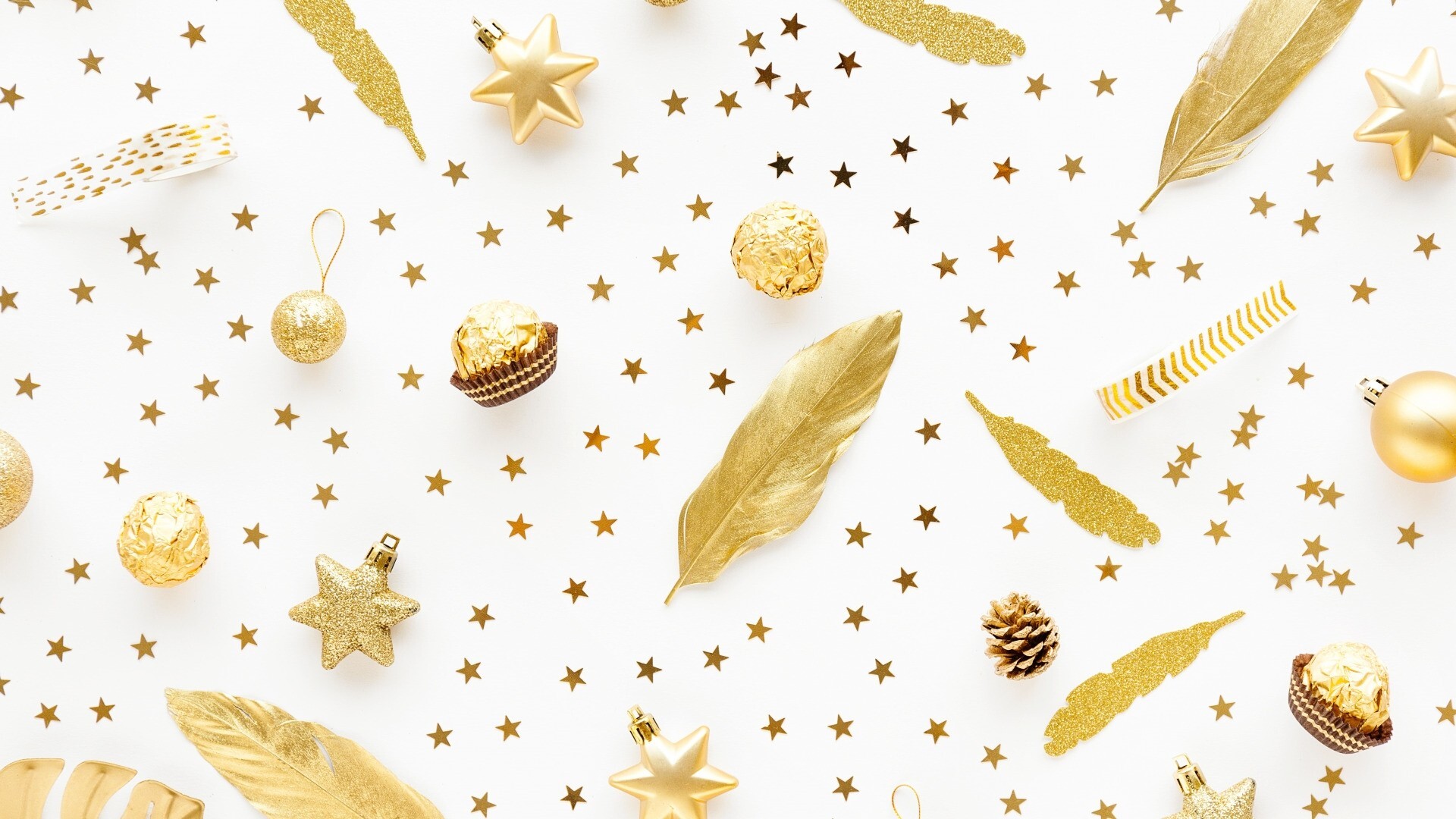 Gold Star: DIY colorful Christmas ornaments, Pine cones, Golden leaves and baubles. 1920x1080 Full HD Wallpaper.