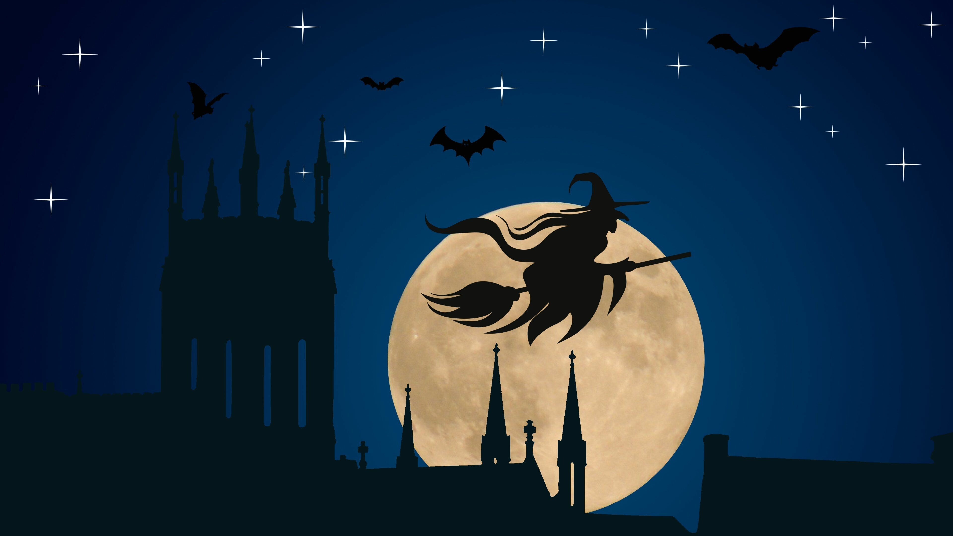 Witch: A woman wearing a black cloak and pointed hat and flying on a broomstick. 3840x2160 4K Background.