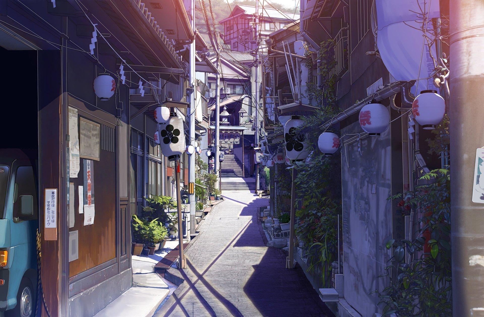 Alley: Narrow retro-style Japanese street in an anime cartoon, Japanese paper lamps. 1920x1260 HD Background.